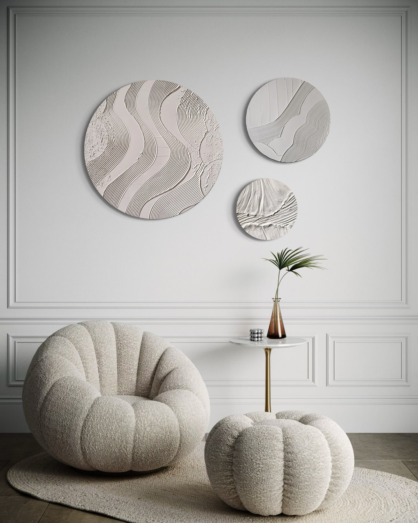 Set of 3 white round wall art
Minimalist textured canvas trio
Handcrafted 3D wall art set
Scandinavian-inspired round decor
White textured canvas paintings
Large modern round wall art set
Elegant white wall decor
Contemporary 3D round artworks