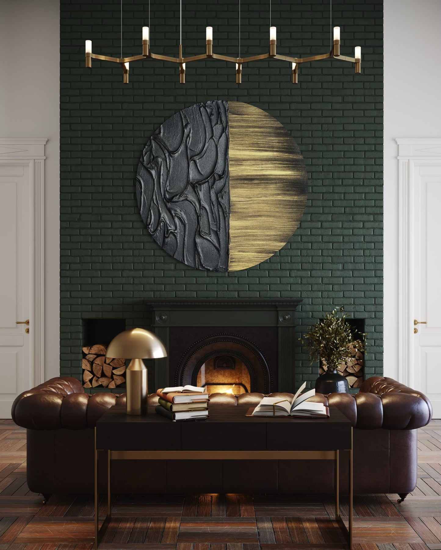 Luxury round canvas art in black and gold for modern interiors