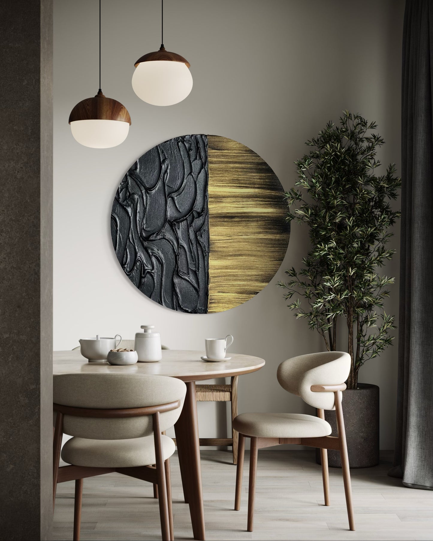 Modern sculptural artwork in black and metallic gold on round canvas