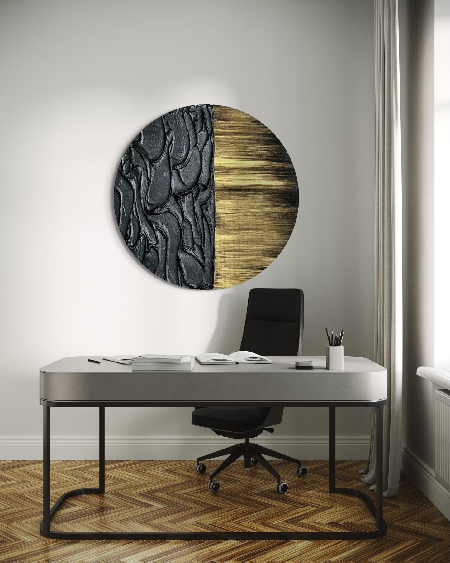 Luxury round canvas art in black and gold for modern interiors