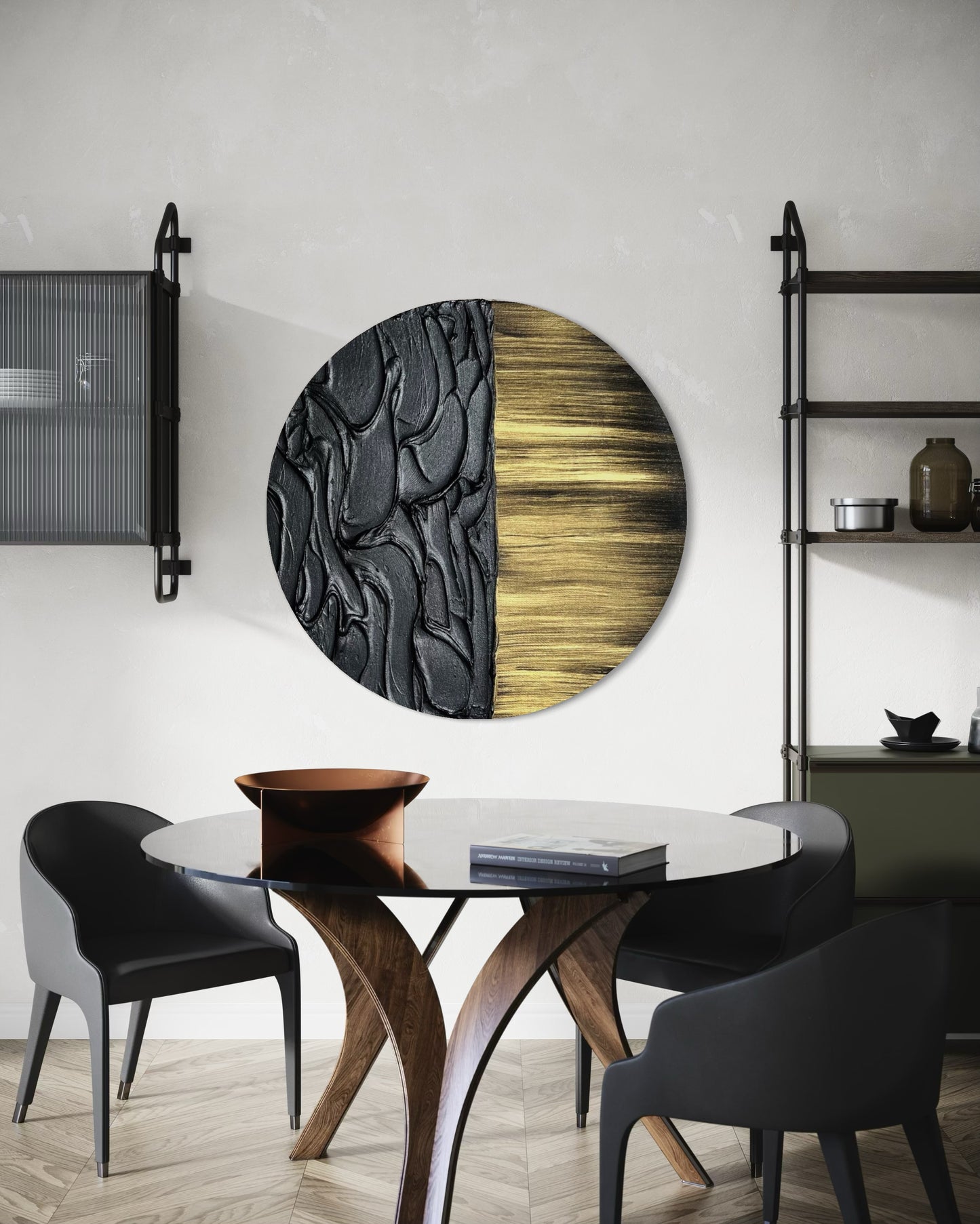 Handcrafted black and gold 3D wall art with circular shape