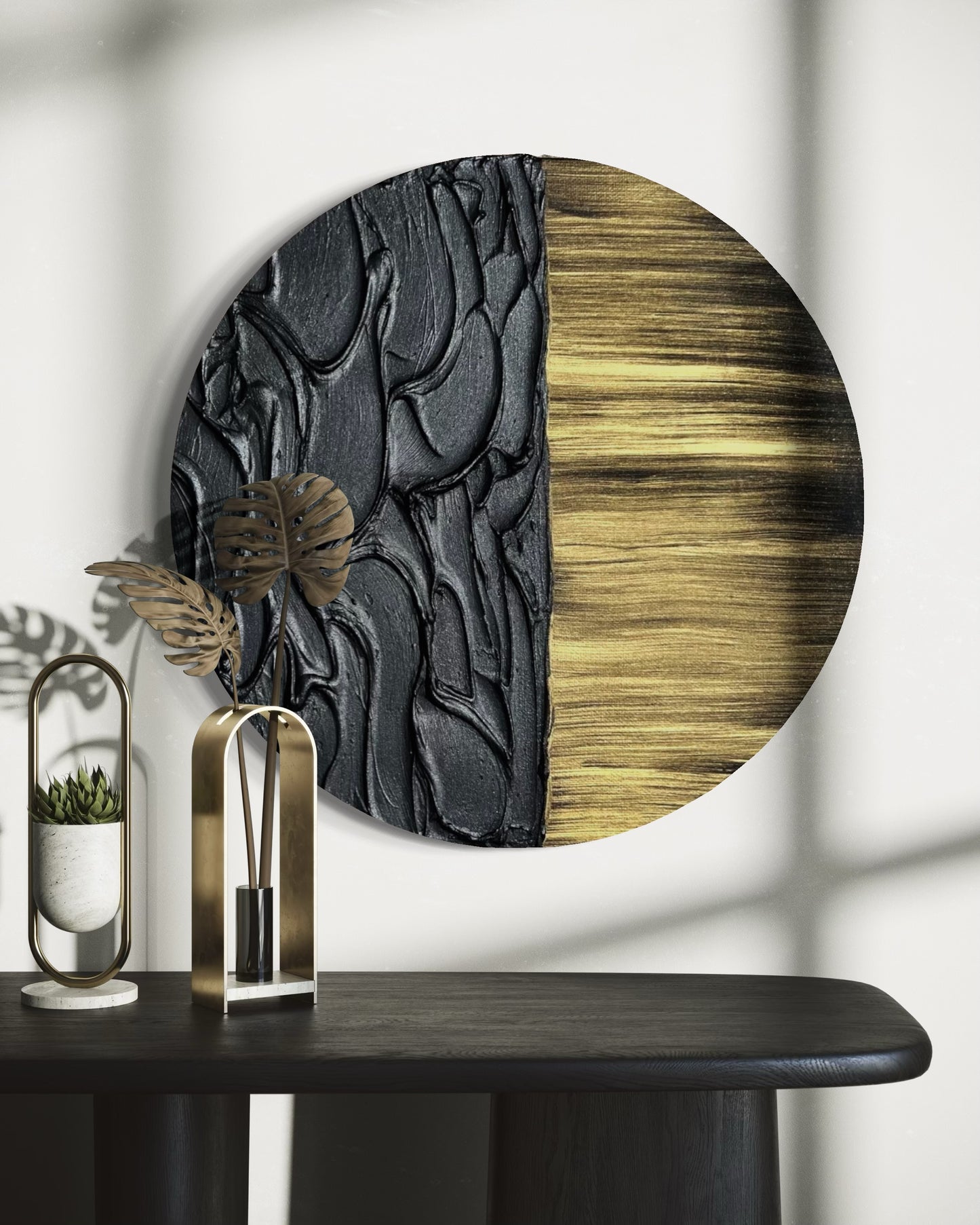 LAVA black and gold round textured wall art with molten design