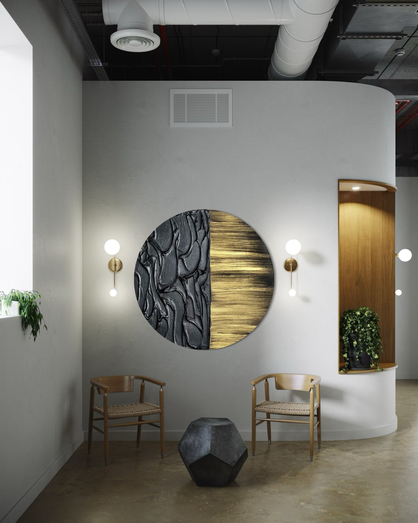 Modern sculptural artwork in black and metallic gold on round canvas