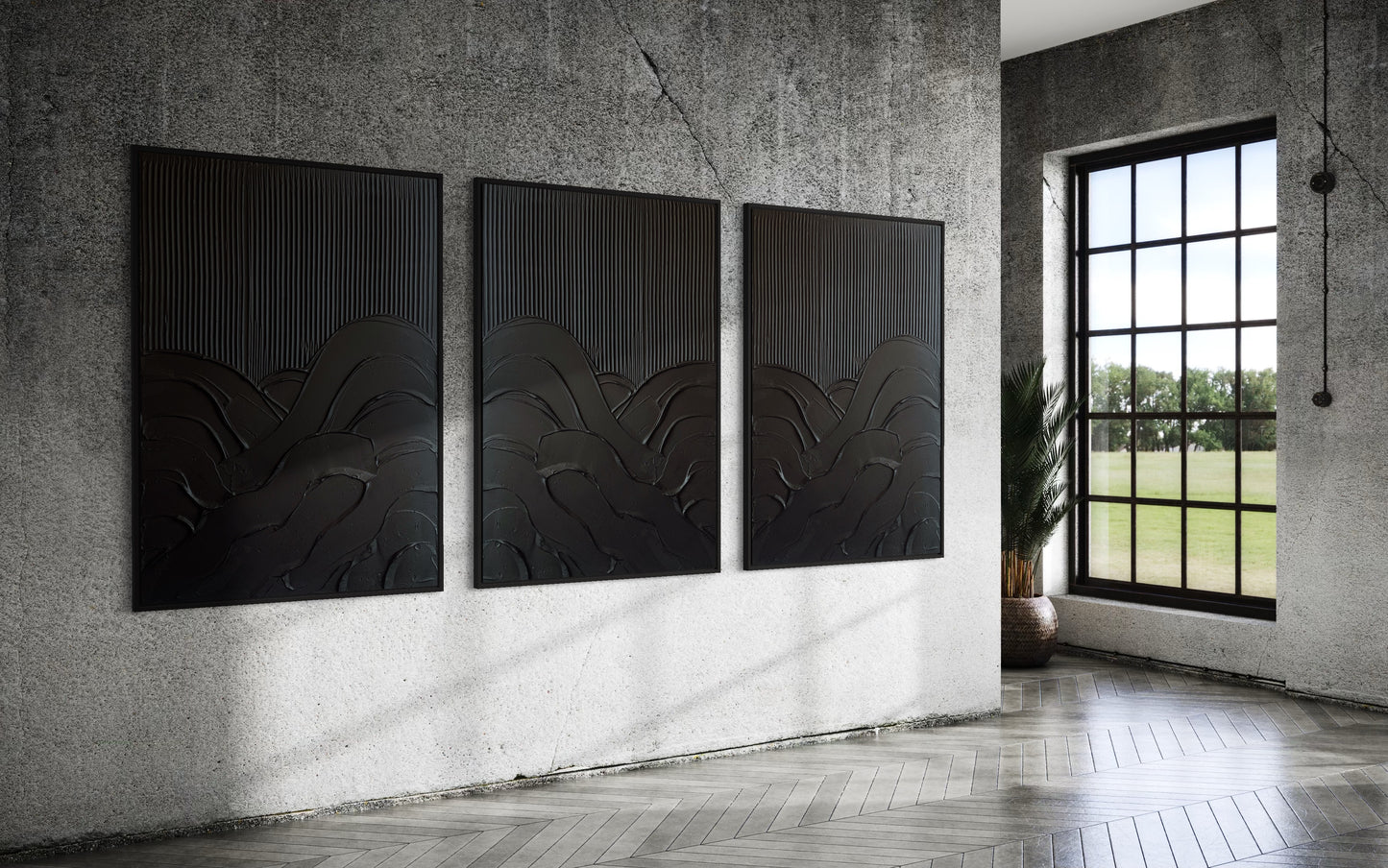 set of 3 textured wall art in black in modern, contemporary minimalist inerior