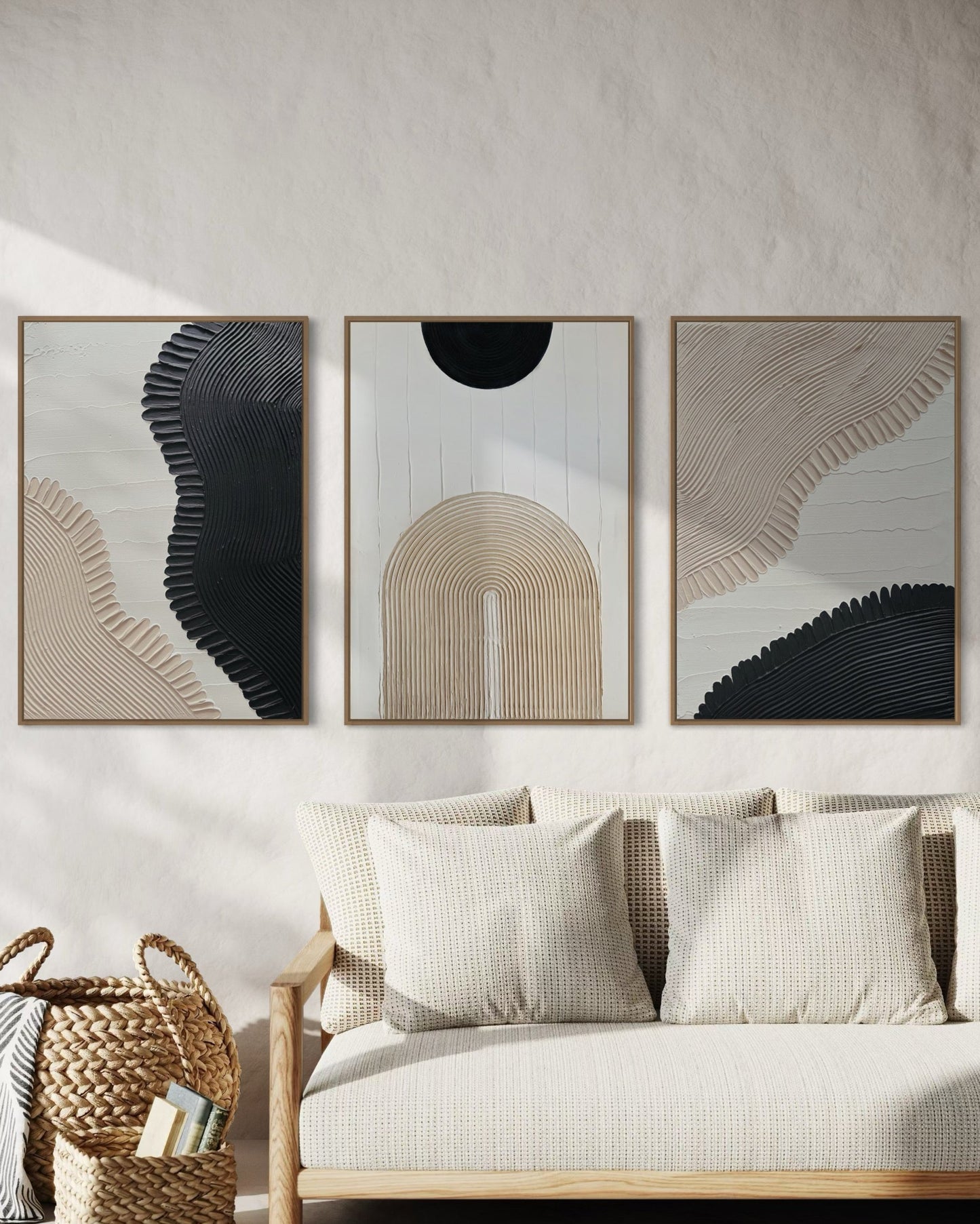 set of three in black, white, and beige – a striking collection of minimalist, modern textured art pieces that bring balance and elegance to any room.