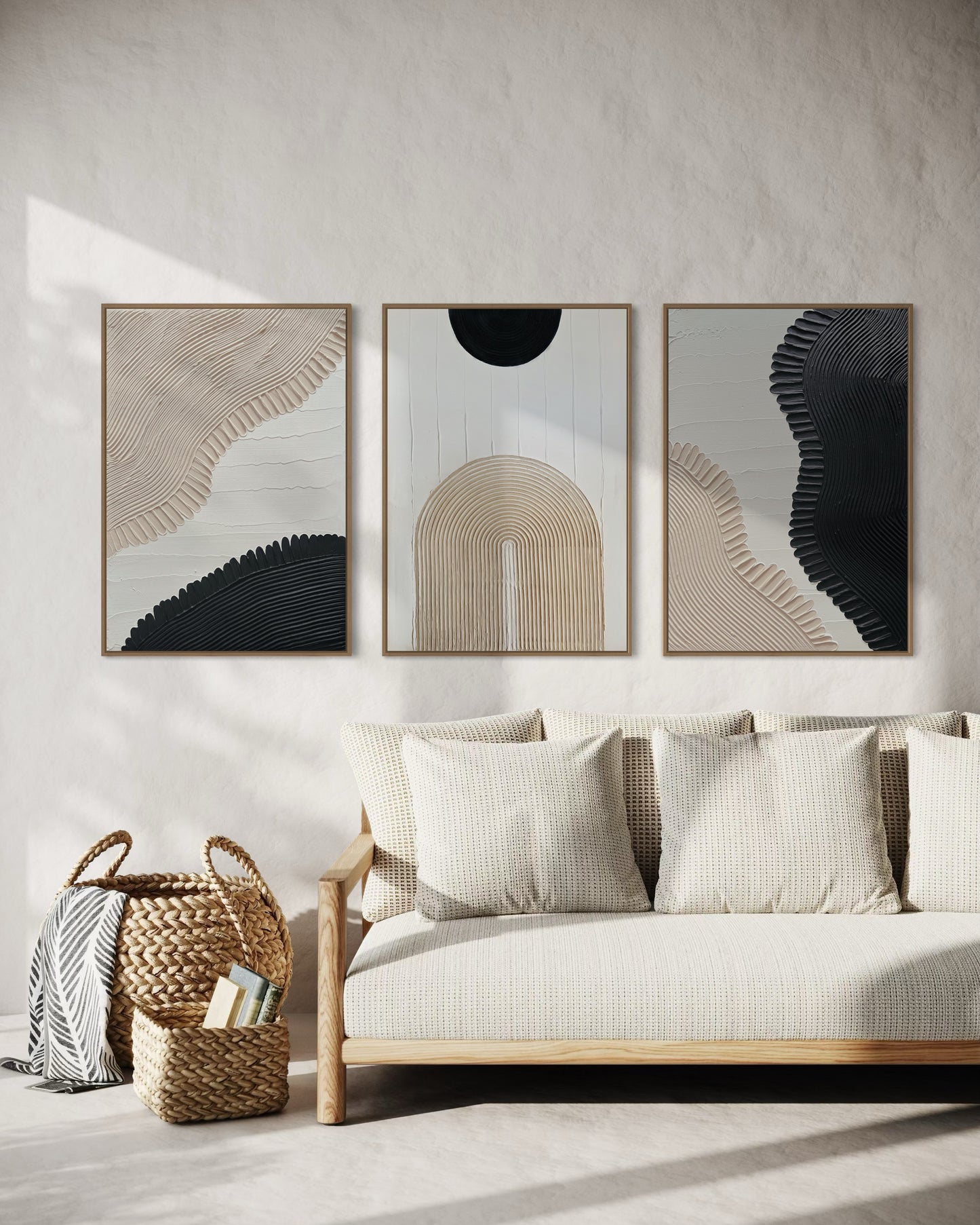 set of three in black, white, and beige – a striking collection of minimalist, modern textured art pieces that bring balance and elegance to any room.