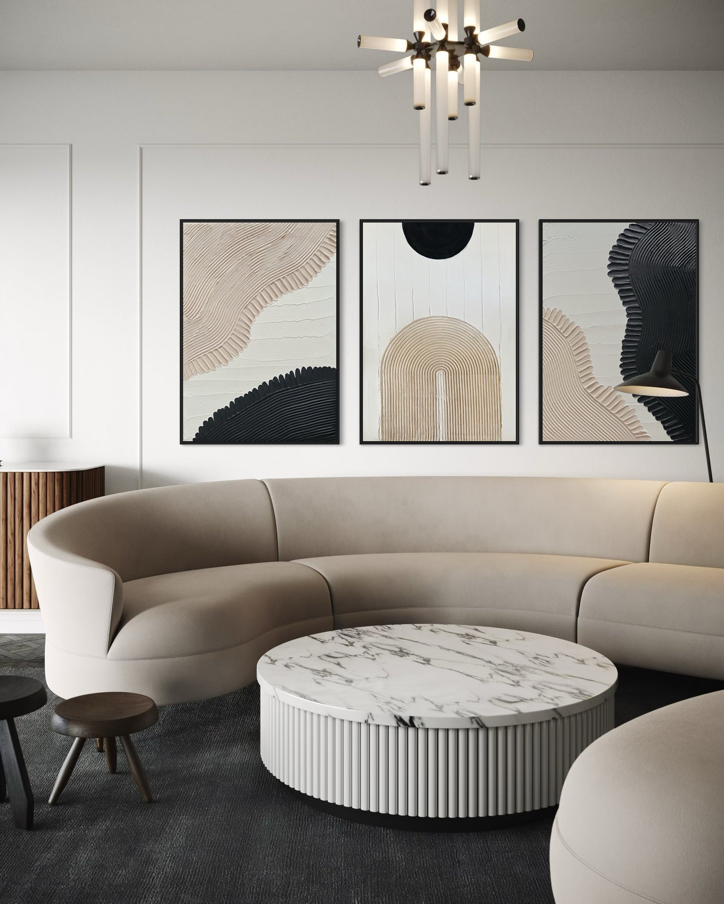 set of three in black, white, and beige – a striking collection of minimalist, modern textured art pieces that bring balance and elegance to any room.