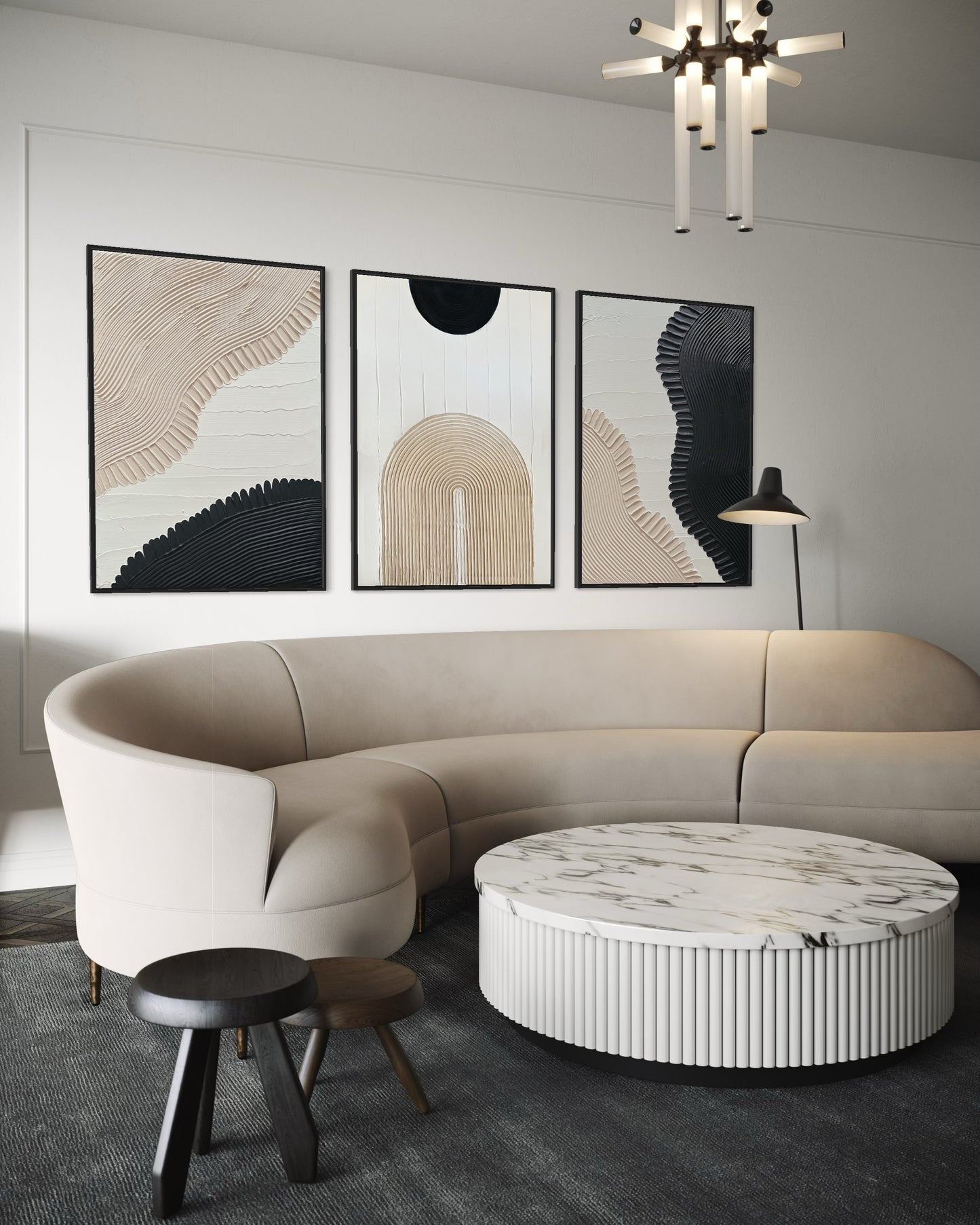 set of three in black, white, and beige – a striking collection of minimalist, modern textured art pieces that bring balance and elegance to any room.