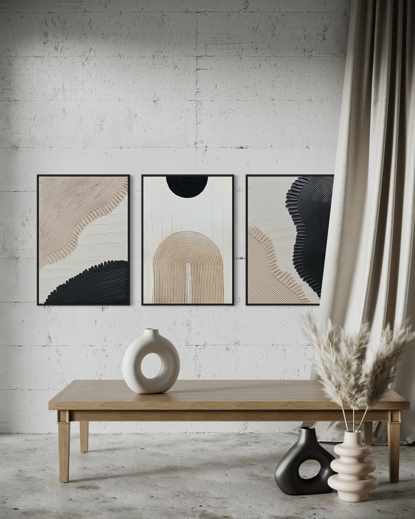 set of three in black, white, and beige – a striking collection of minimalist, modern textured art pieces that bring balance and elegance to any room.