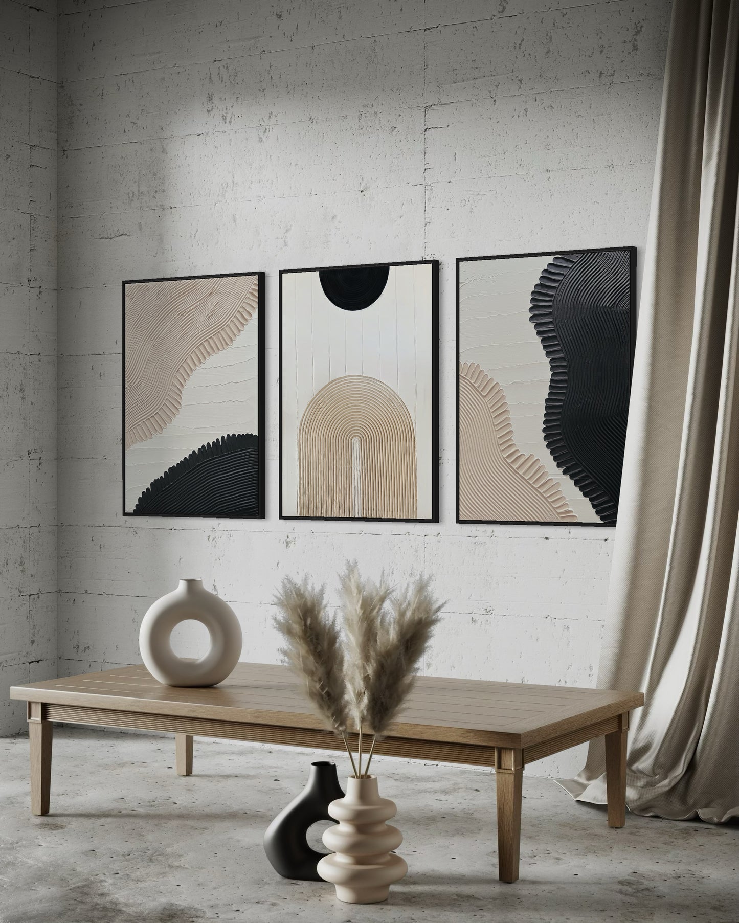 set of three in black, white, and beige – a striking collection of minimalist, modern textured art pieces that bring balance and elegance to any room.