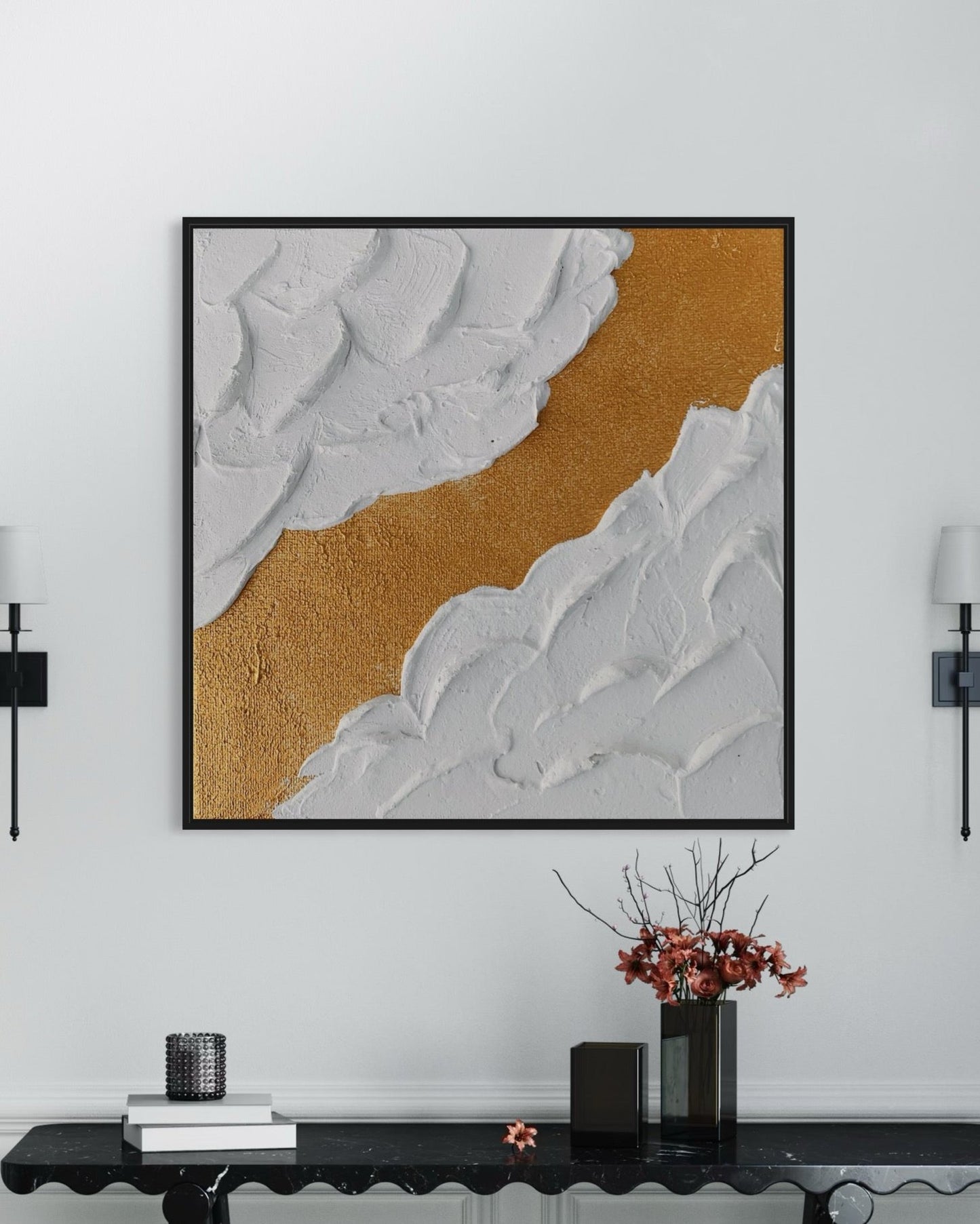 Modern, minimalist textured wall art in white and metallic gold.