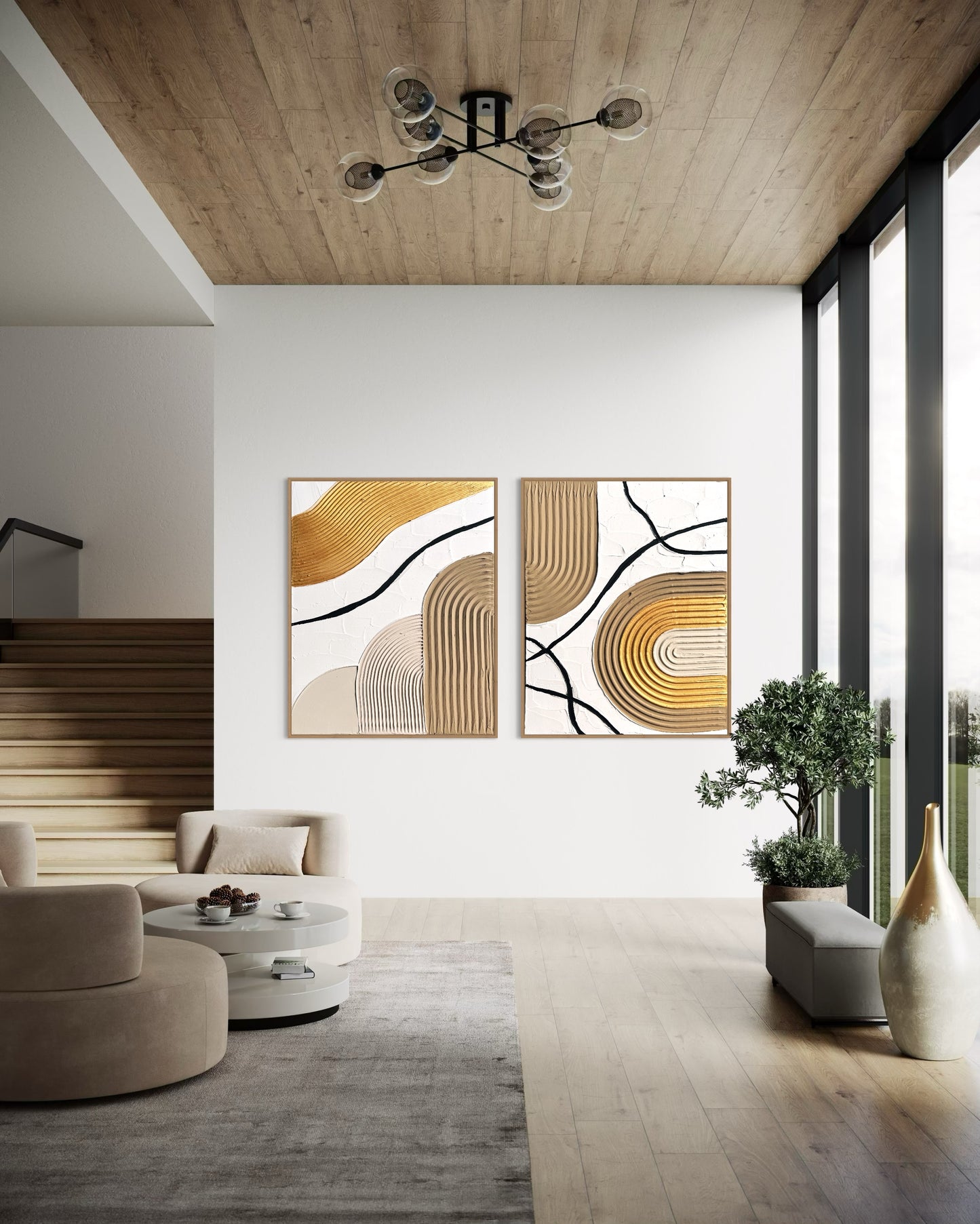 Modern minimalist textured wall art set of 2, in beige, gold and white colors