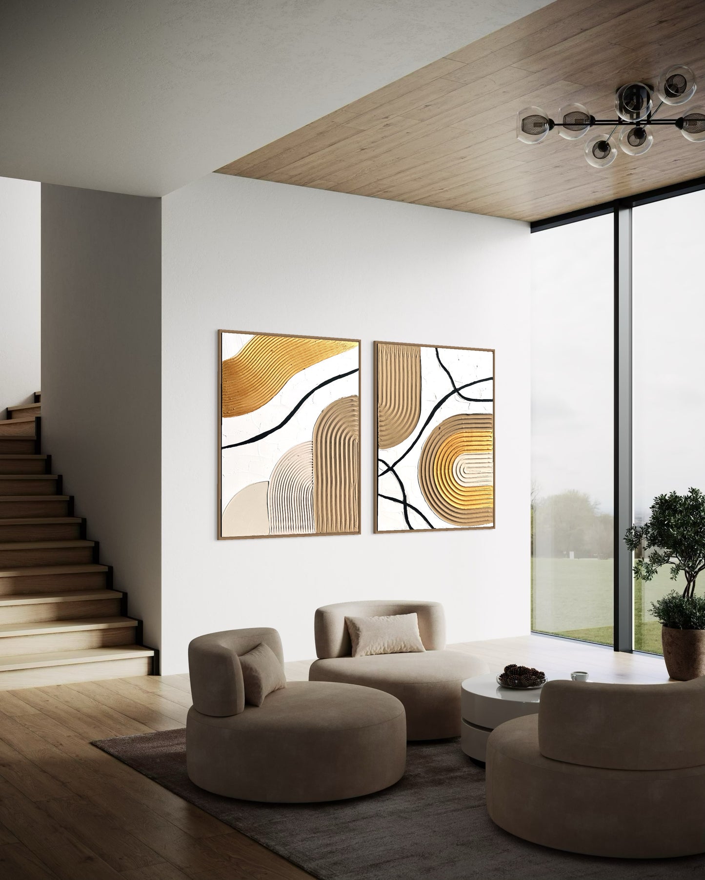 Modern minimalist textured wall art set of 2, in beige, gold and white colors