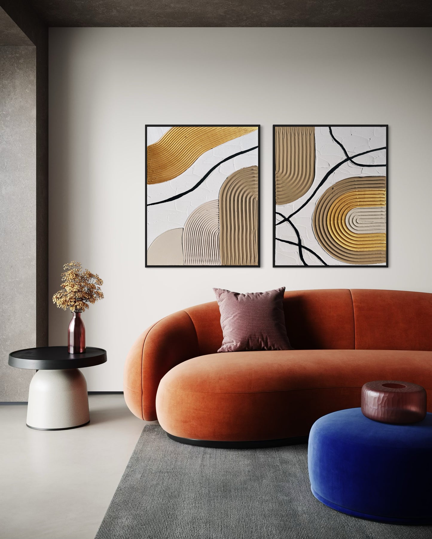 Modern minimalist textured wall art set of 2, in beige, gold and white colors