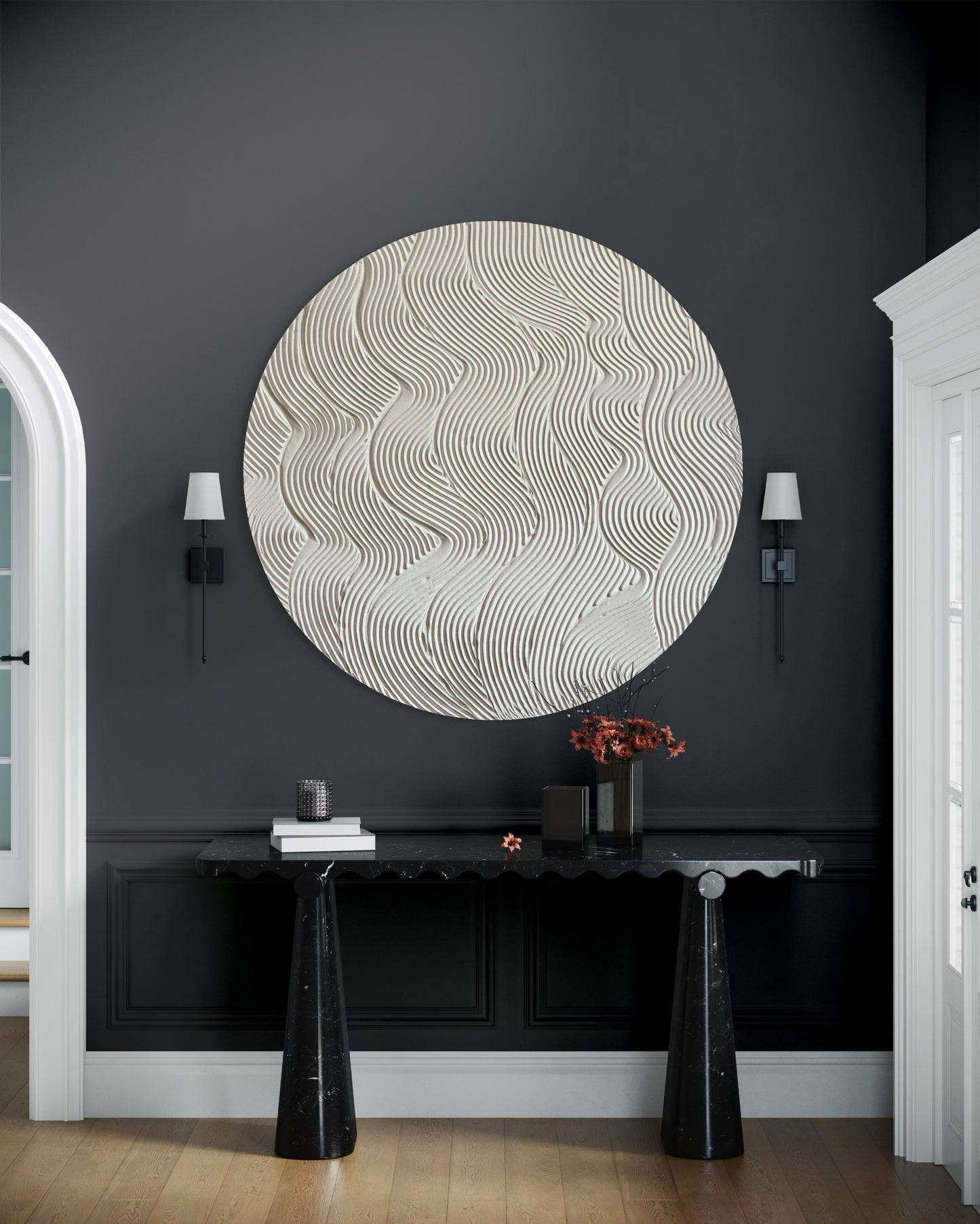 White round textured wall art
Minimalist 3D canvas artwork
Handcrafted modern wall decor
Scandinavian-inspired round art
Large white wall art piece
Contemporary circular canvas design
Neutral textured wall decor
Unique handmade 3D wall art
Modern minimalist white decor
Elegant round canvas painting