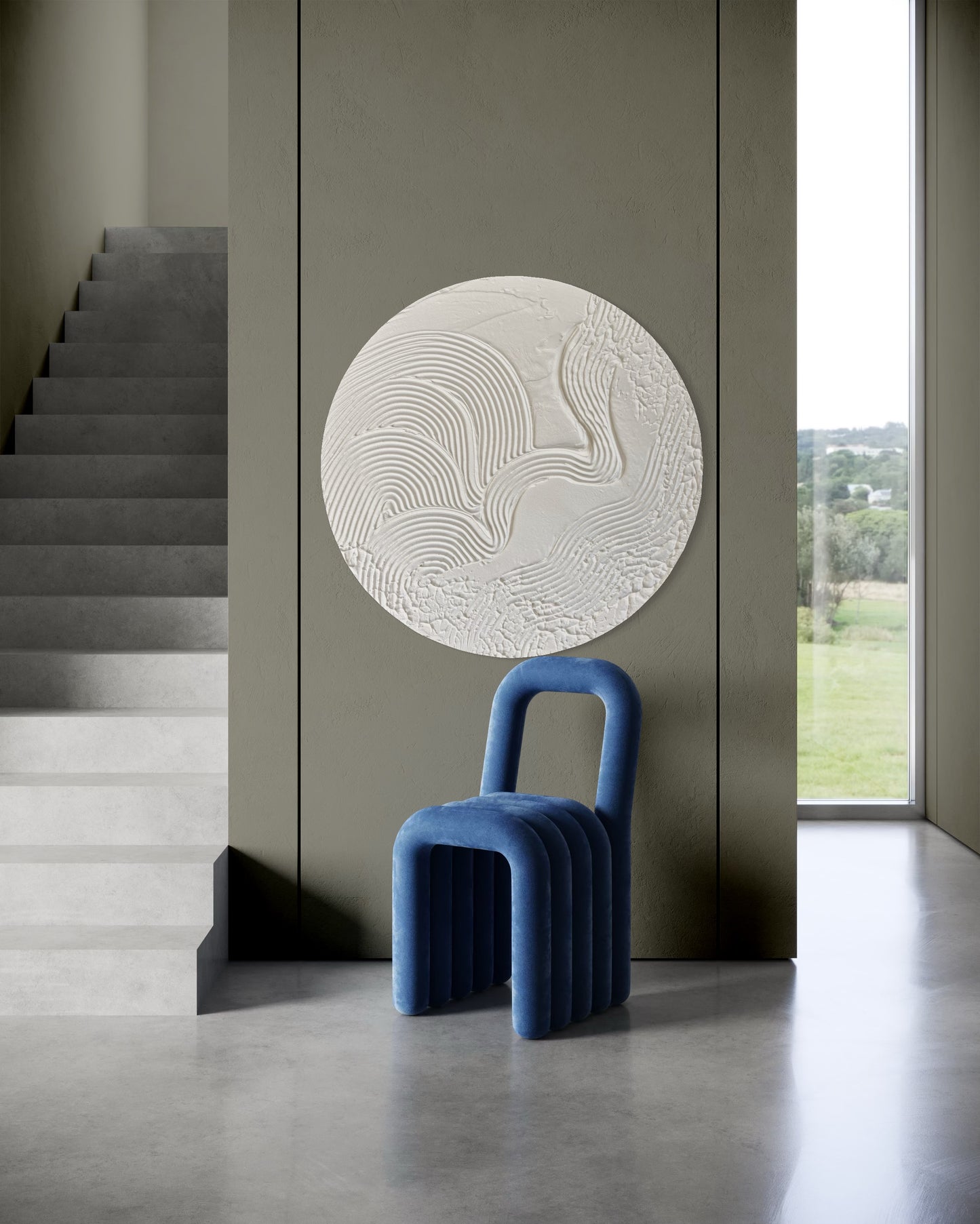 Modern, minimalist, contemporary textured wall art in white, made on round canvas.