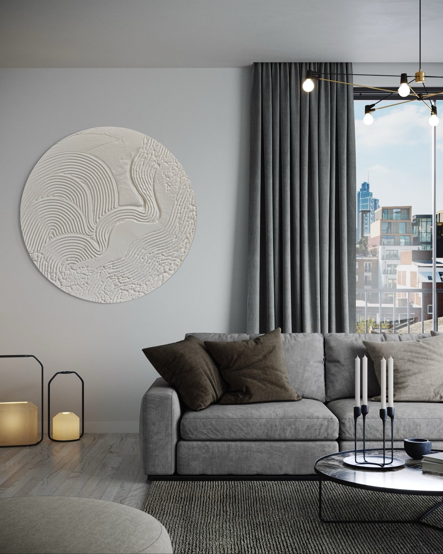 Modern, minimalist, contemporary textured wall art in white, made on round canvas.