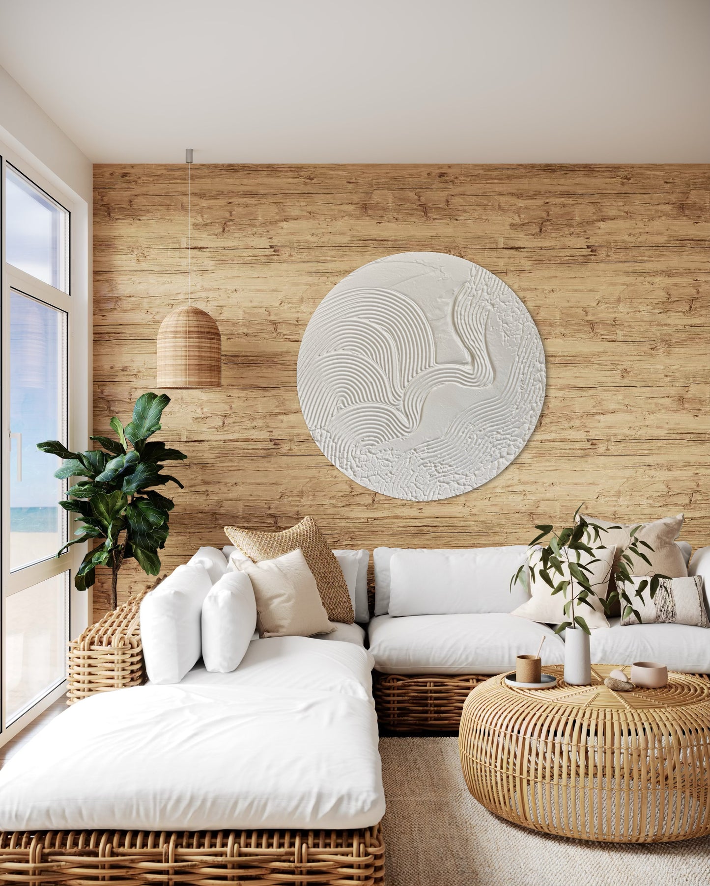 Modern, minimalist, contemporary textured wall art in white, made on round canvas.