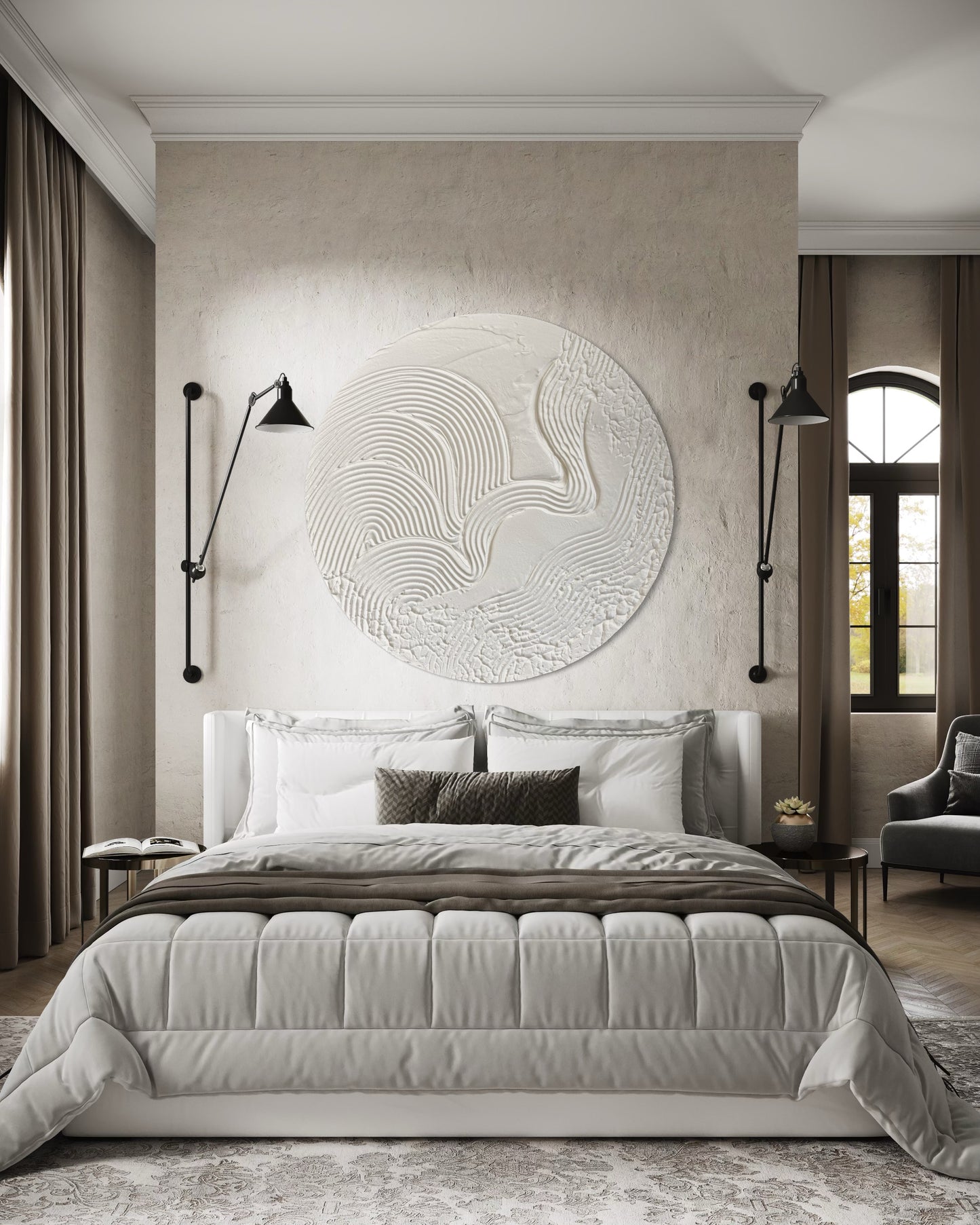 Modern, minimalist, contemporary textured wall art in white, made on round canvas.