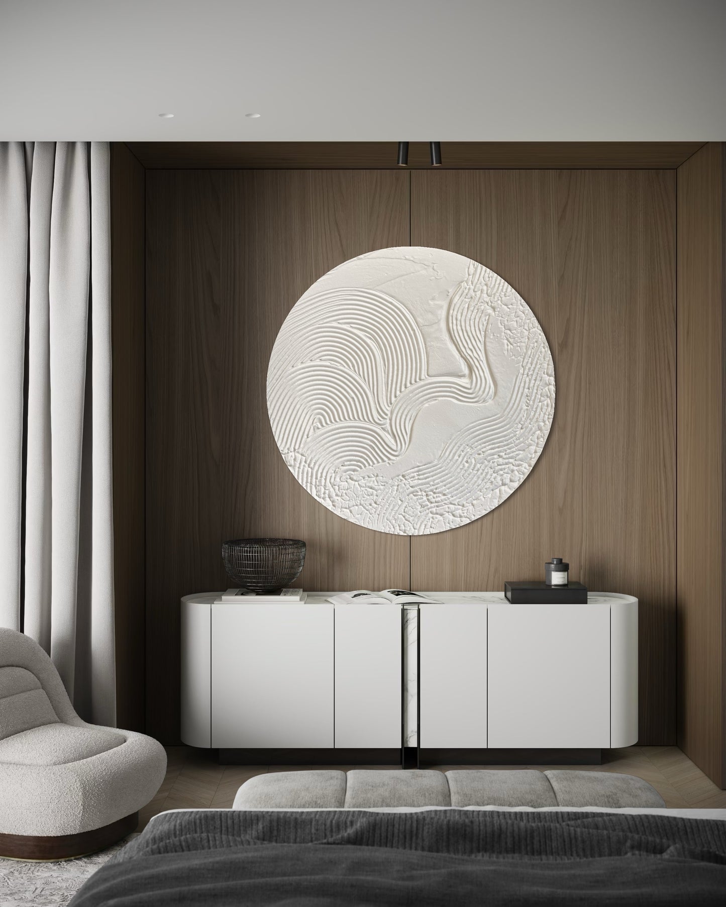 Modern, minimalist, contemporary textured wall art in white, made on round canvas.