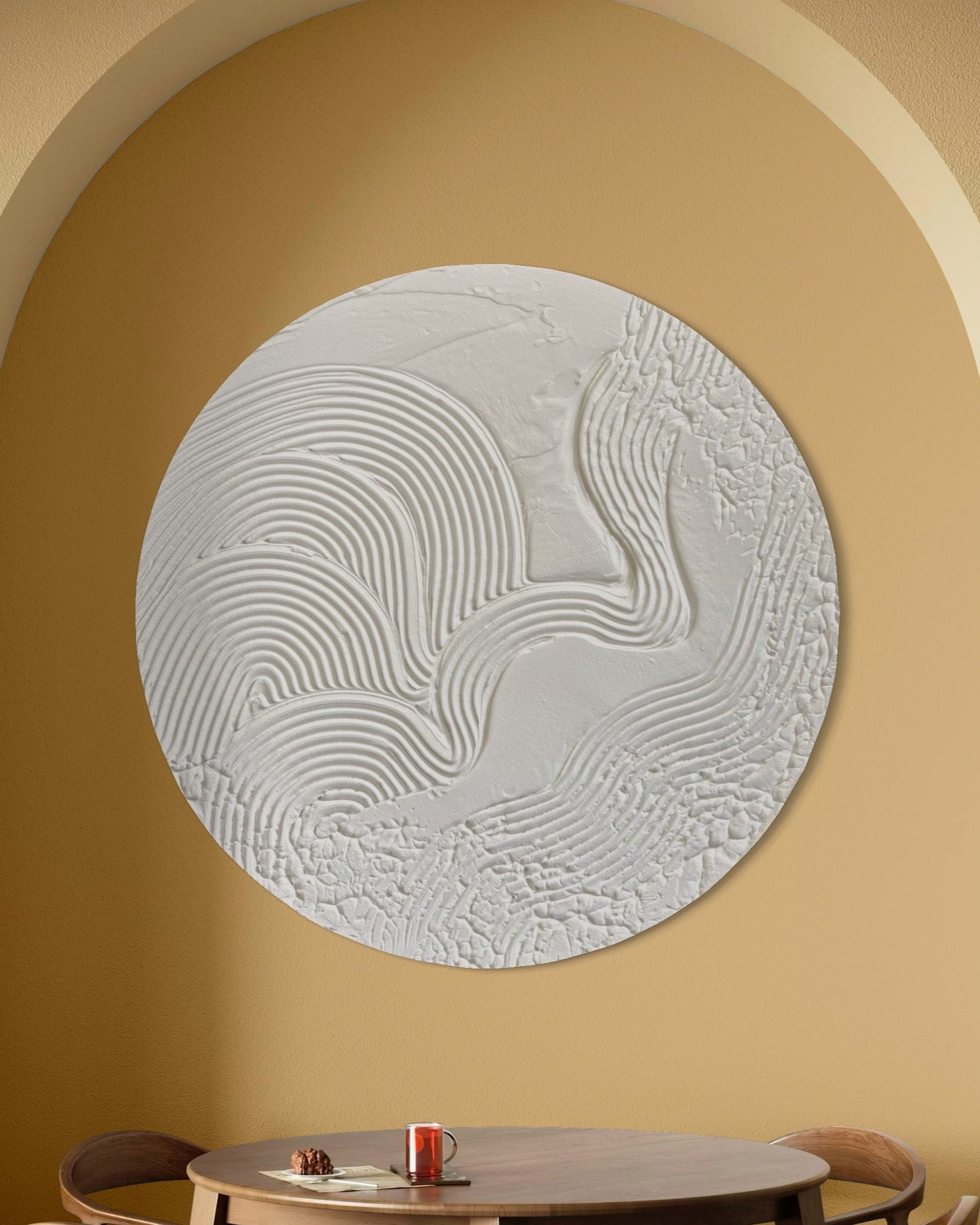 Modern, minimalist, contemporary textured wall art in white, made on round canvas.