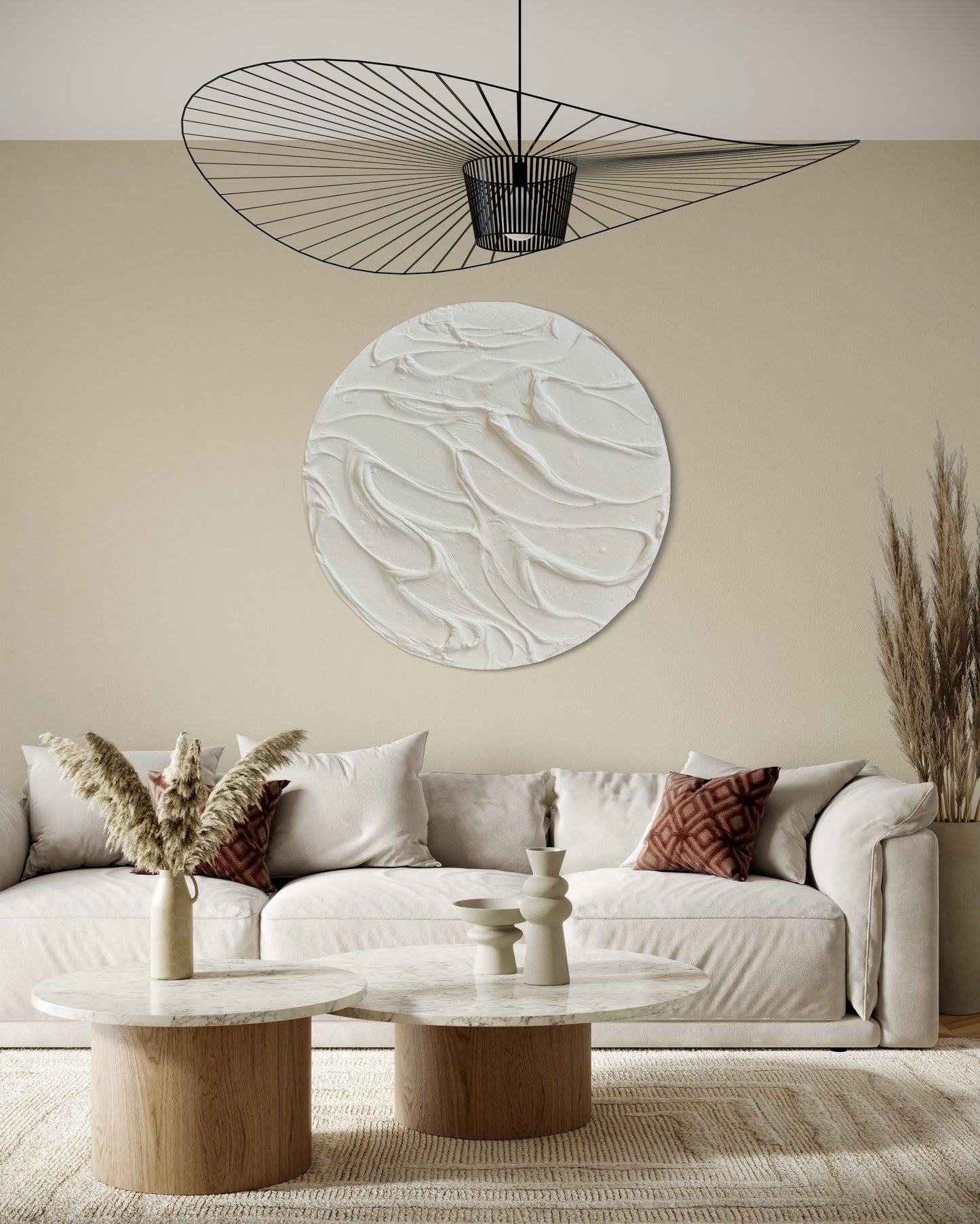 White round textured wall art
Minimalist 3D canvas artwork
Handcrafted modern wall decor
Scandinavian-inspired round art
Large white wall art piece
Contemporary circular canvas design
Neutral textured wall decor