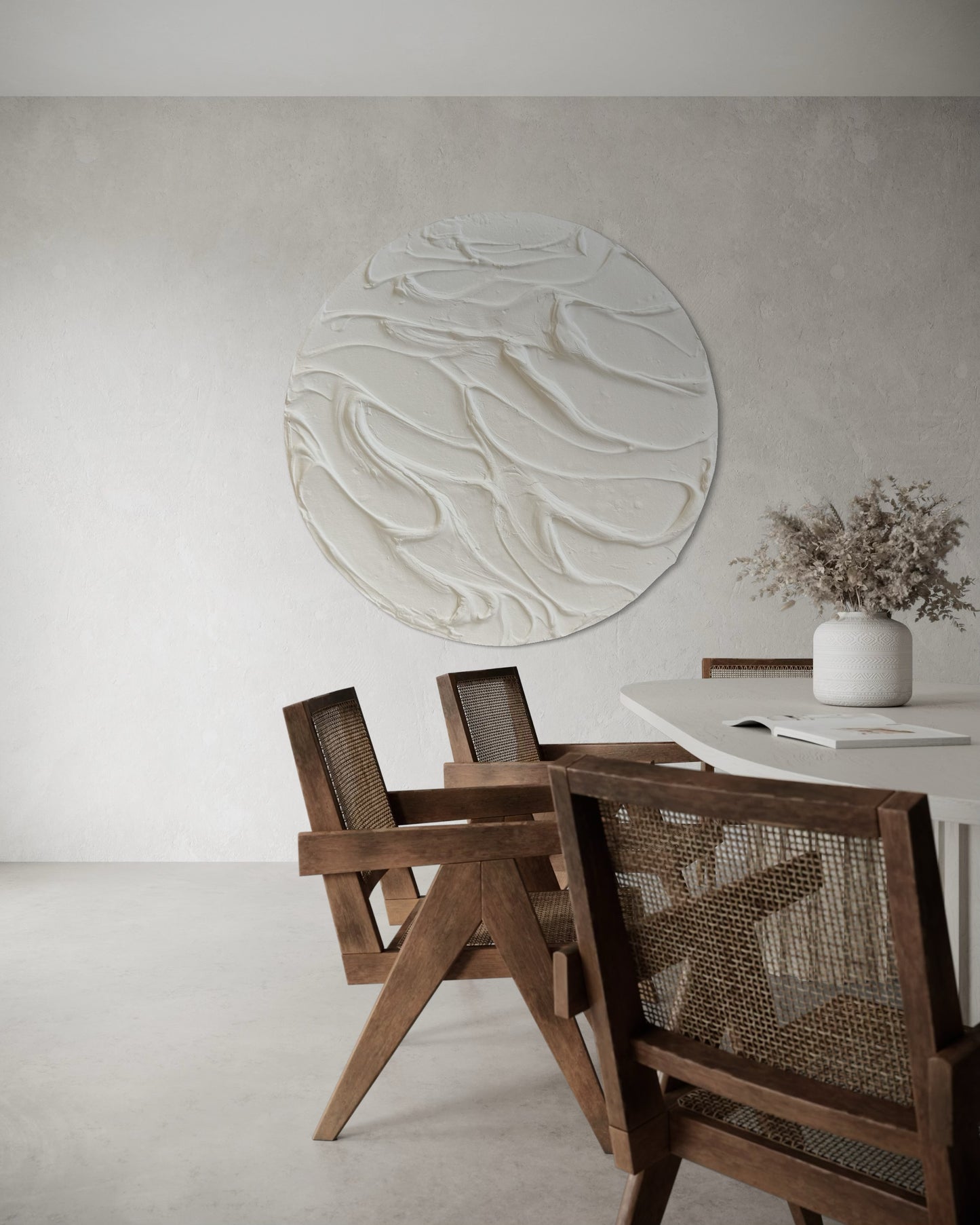 White round textured wall art
Minimalist 3D canvas artwork
Handcrafted modern wall decor
Scandinavian-inspired round art
Large white wall art piece
Contemporary circular canvas design
Neutral textured wall decor