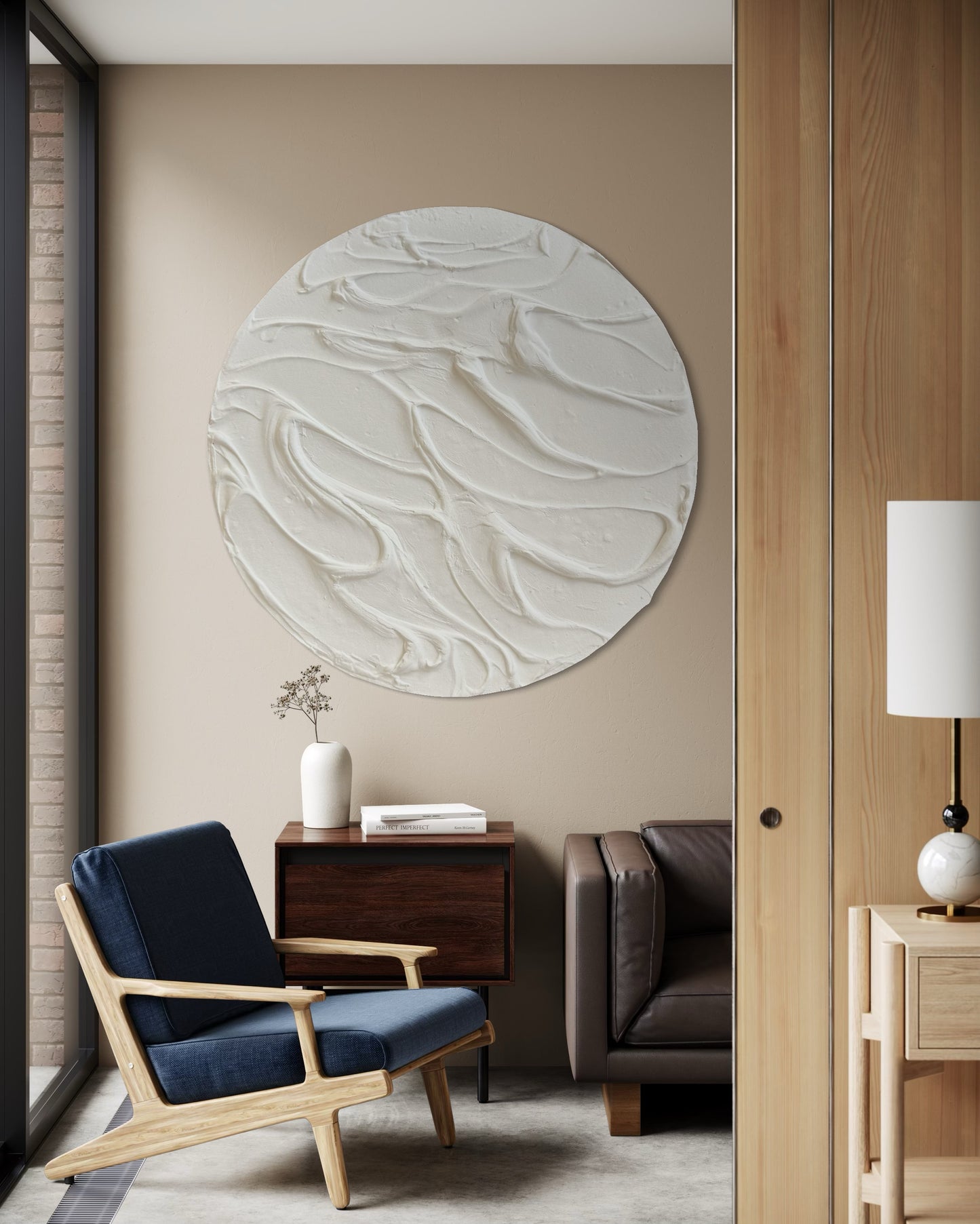 White round textured wall art
Minimalist 3D canvas artwork
Handcrafted modern wall decor
Scandinavian-inspired round art
Large white wall art piece
Contemporary circular canvas design
Neutral textured wall decor