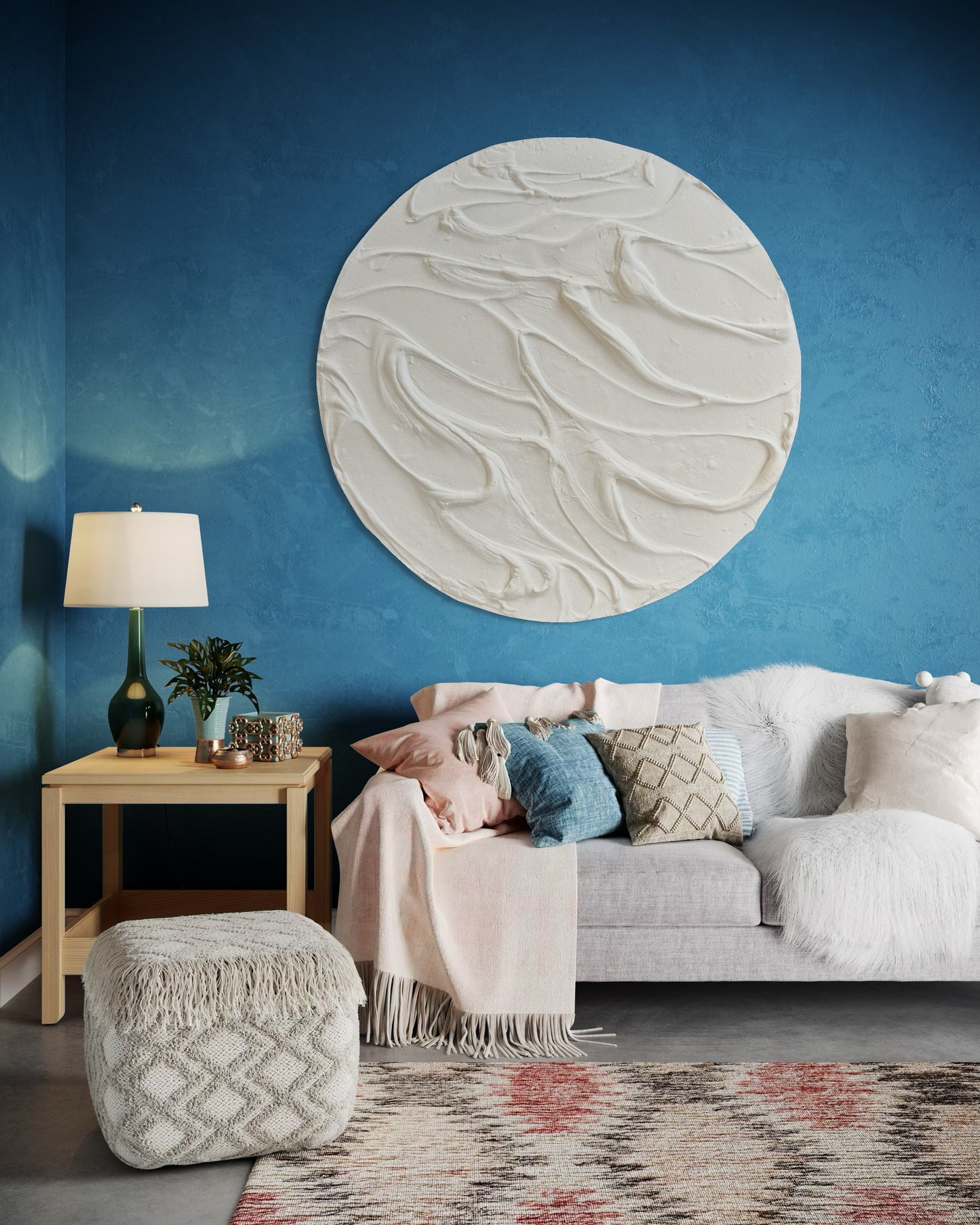 White round textured wall art
Minimalist 3D canvas artwork
Handcrafted modern wall decor
Scandinavian-inspired round art
Large white wall art piece
Contemporary circular canvas design
Neutral textured wall decor