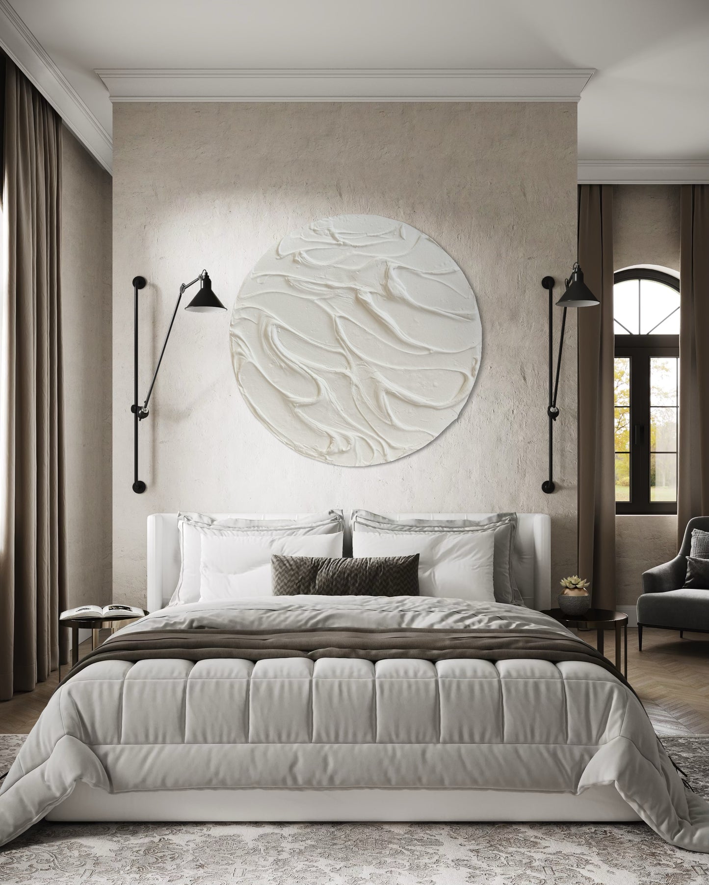 White round textured wall art
Minimalist 3D canvas artwork
Handcrafted modern wall decor
Scandinavian-inspired round art
Large white wall art piece
Contemporary circular canvas design
Neutral textured wall decor