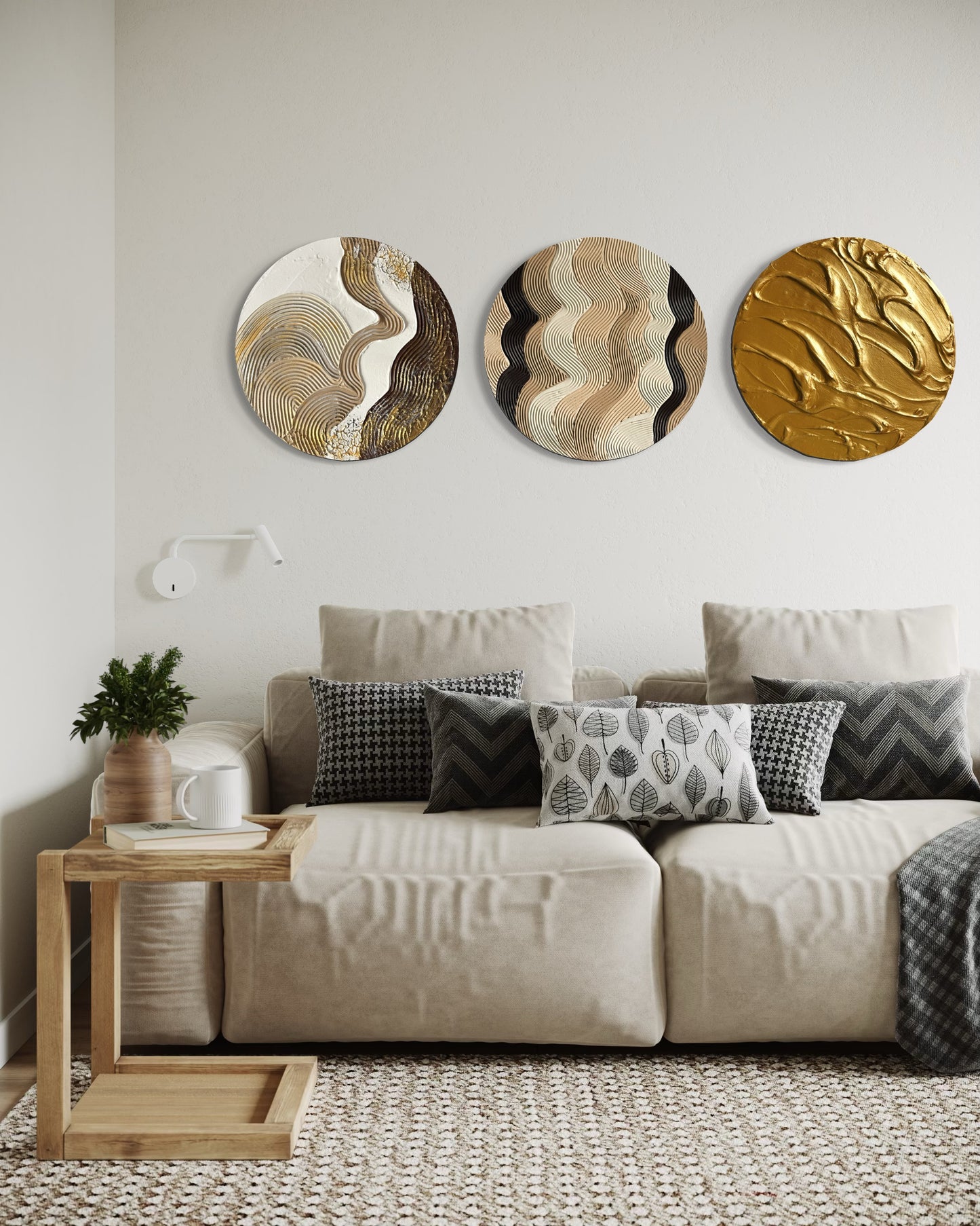 Decorative wall art above a sofa in a living room