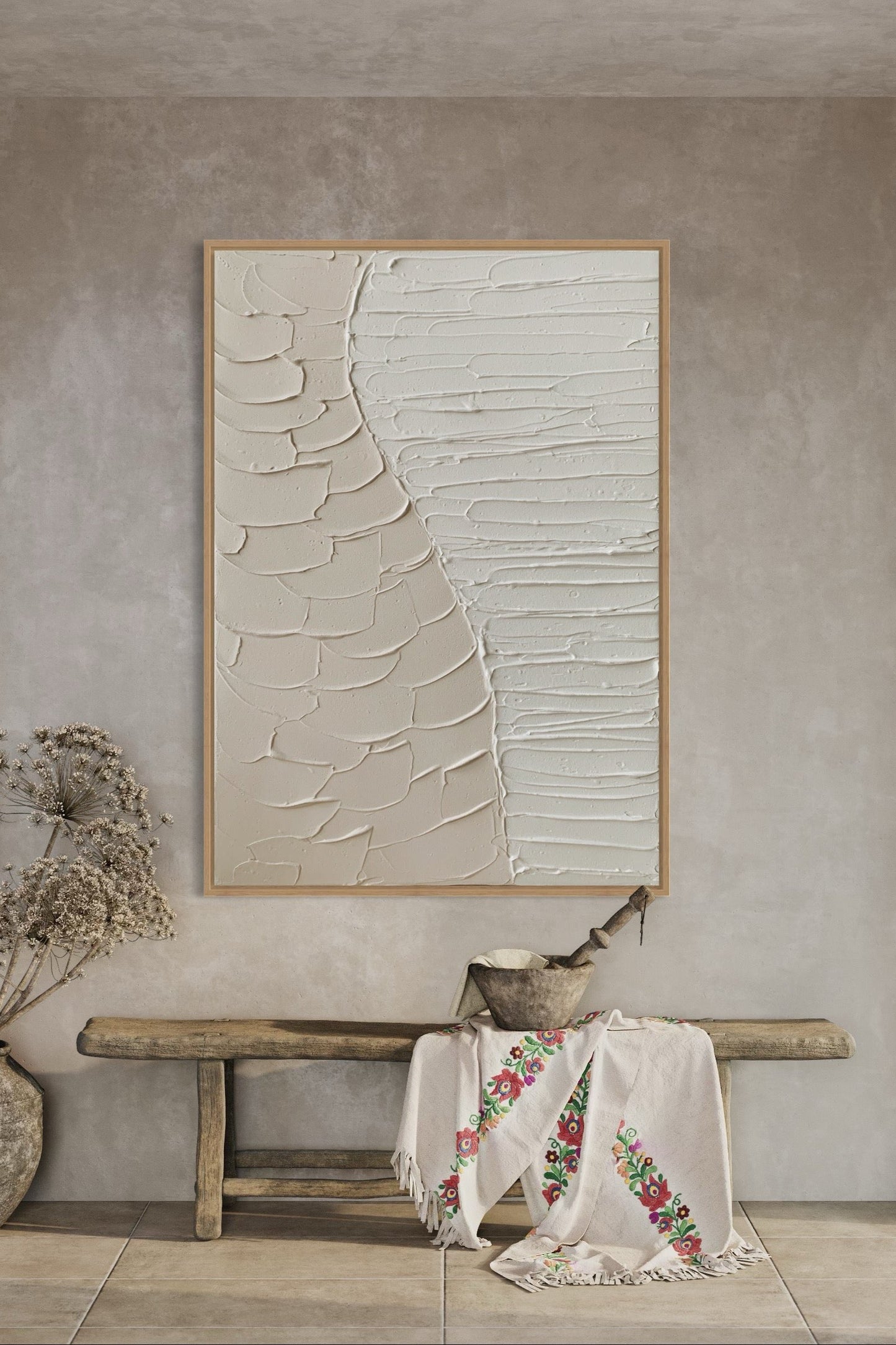 BALANCE – neutral 3D canvas art in wabi-sabi style interior