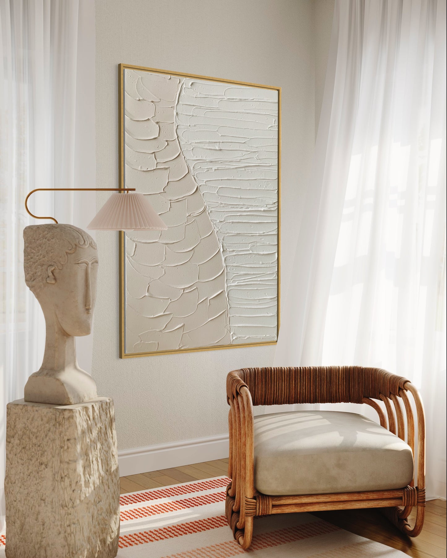 White and beige textured wall art with sculptural organic design
