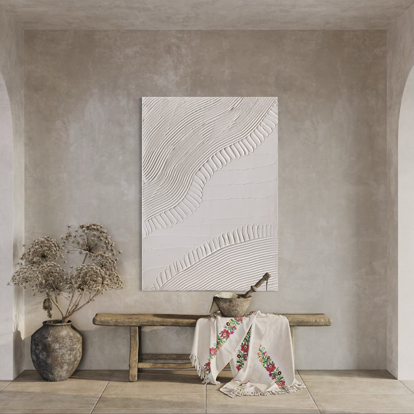 Minimalist sculptural wall decor in white tones