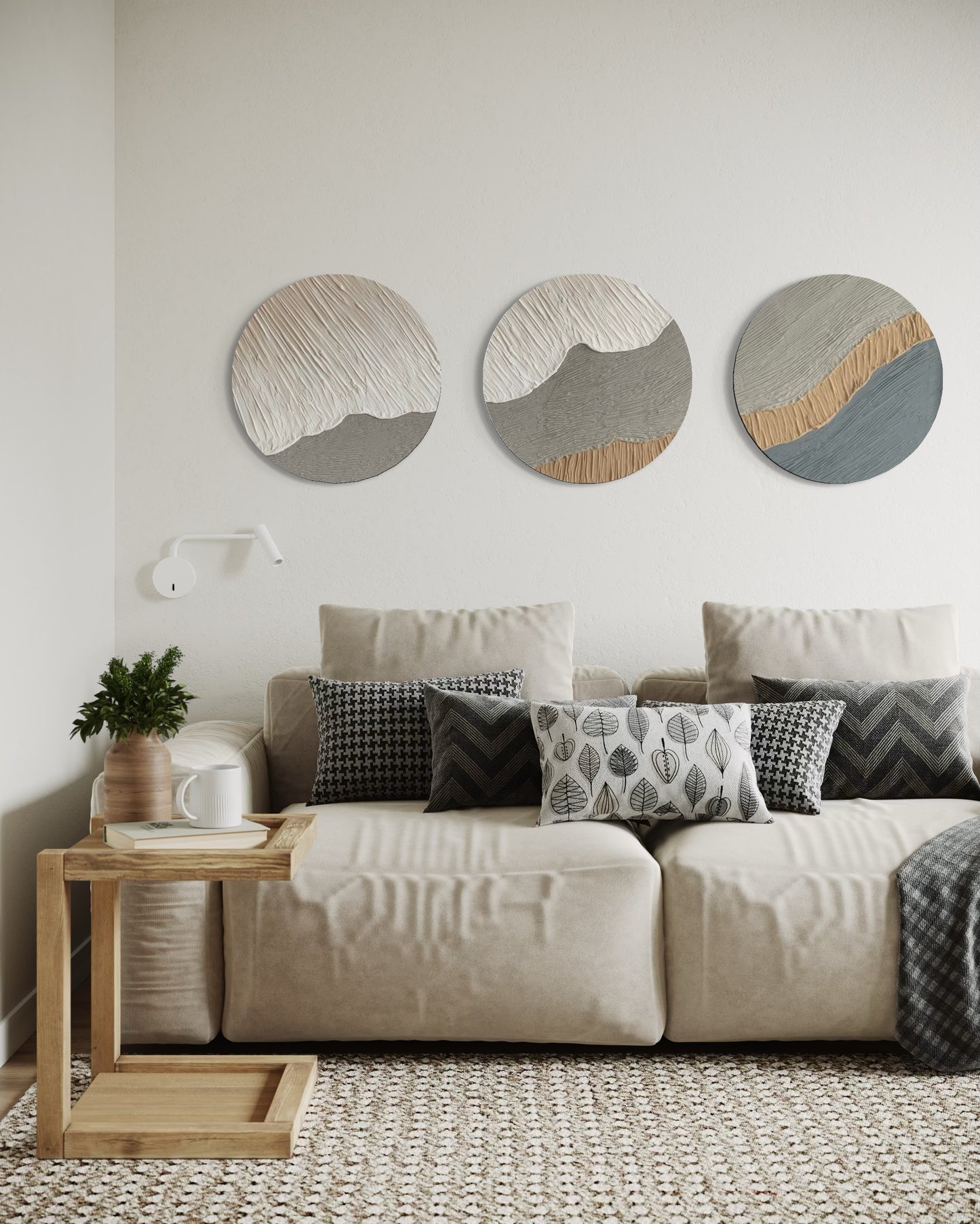 Living room with a beige sofa, decorative pillows, and wall art.