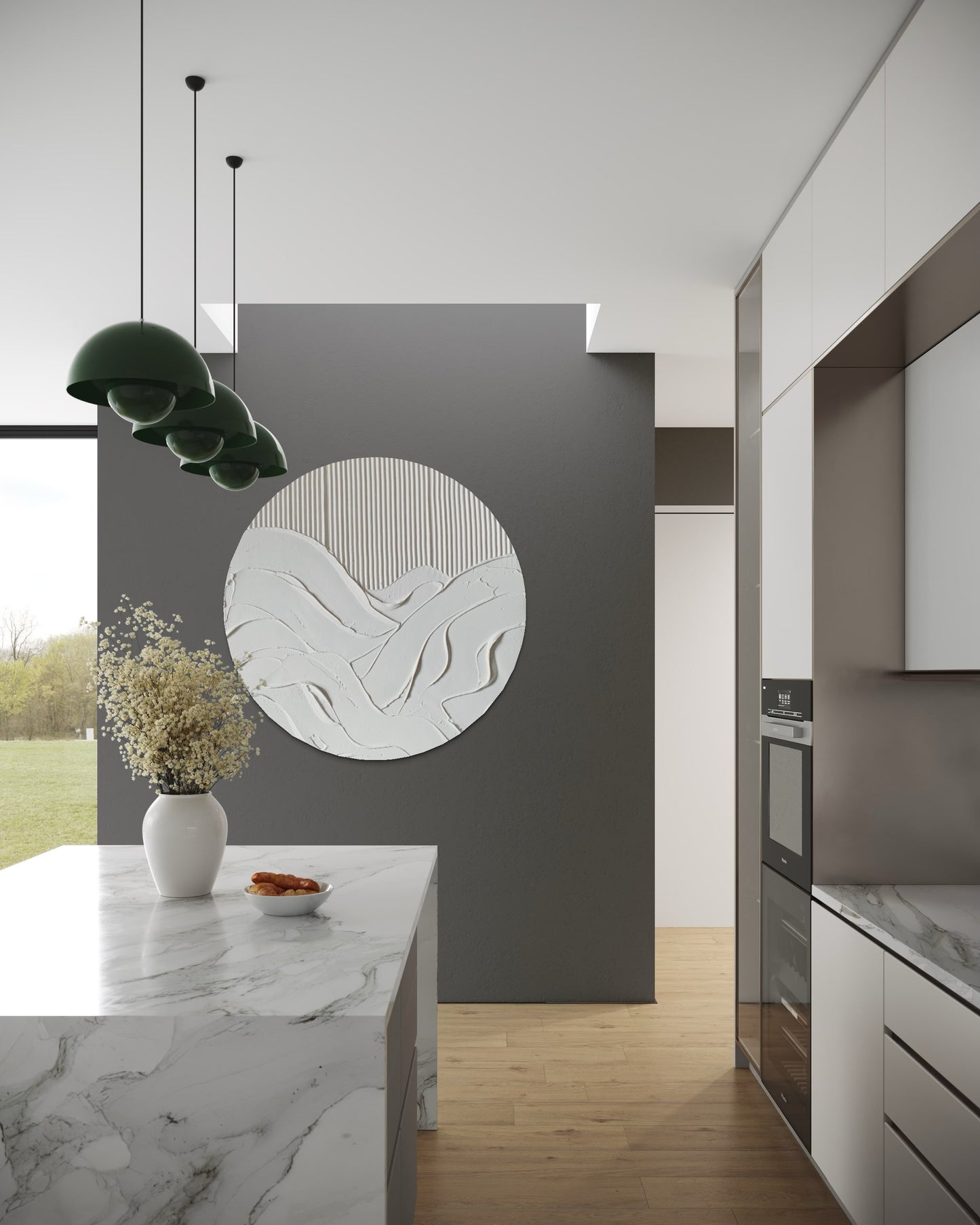 Modern kitchen interior with a decorative wall piece and marble countertop.