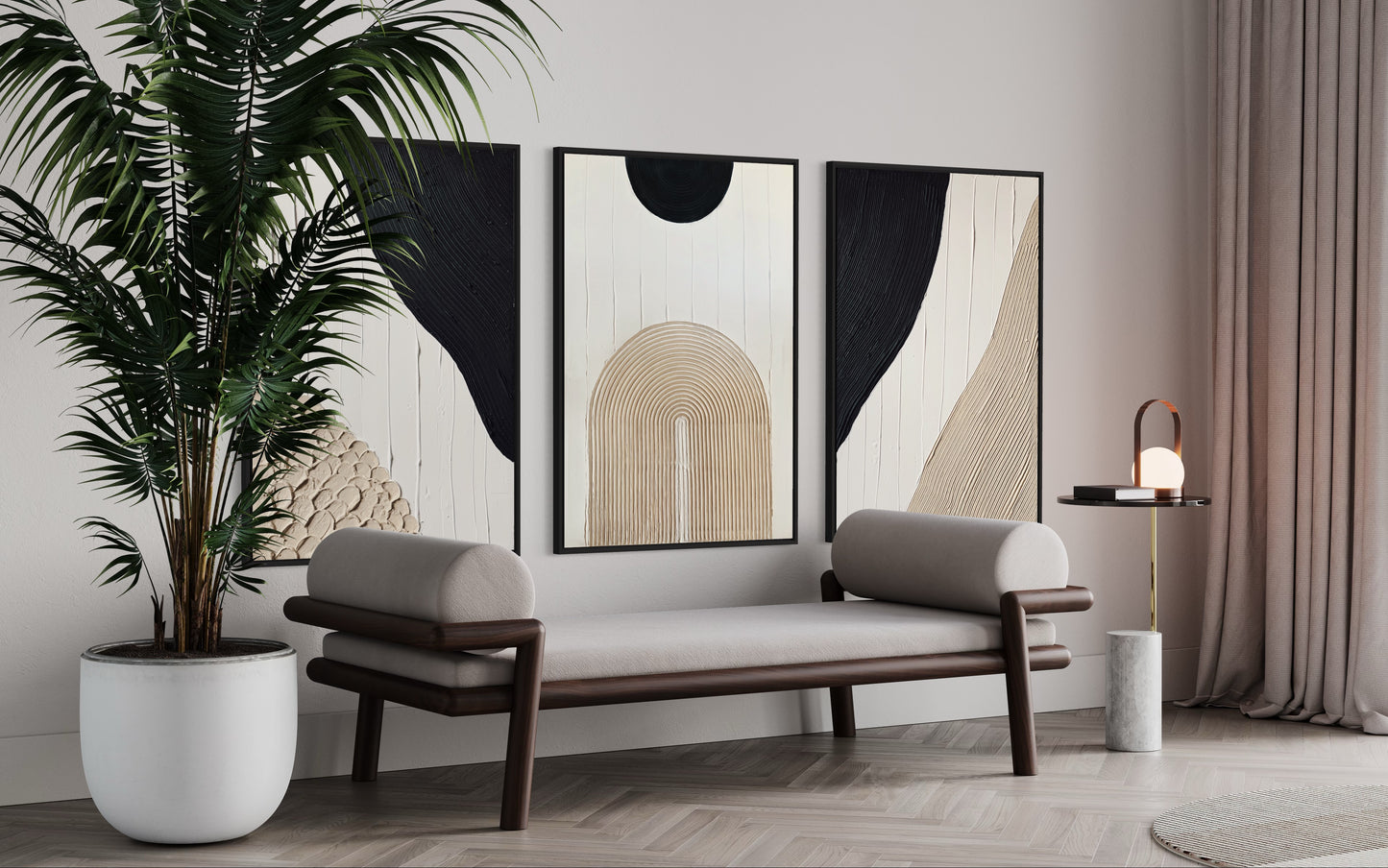 set of three in black, white, and beige – a striking collection of minimalist, modern textured art pieces that bring balance and elegance to any room.