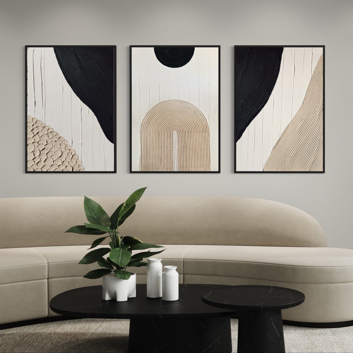 set of three in black, white, and beige – a striking collection of minimalist, modern textured art pieces that bring balance and elegance to any room.