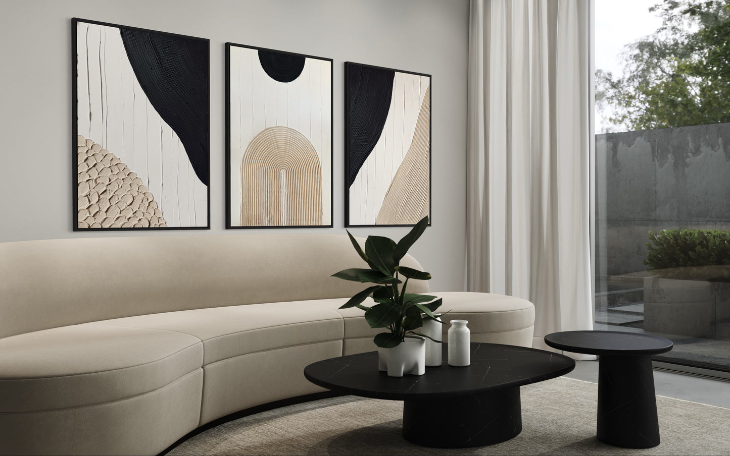 set of three in black, white, and beige – a striking collection of minimalist, modern textured art pieces that bring balance and elegance to any room.