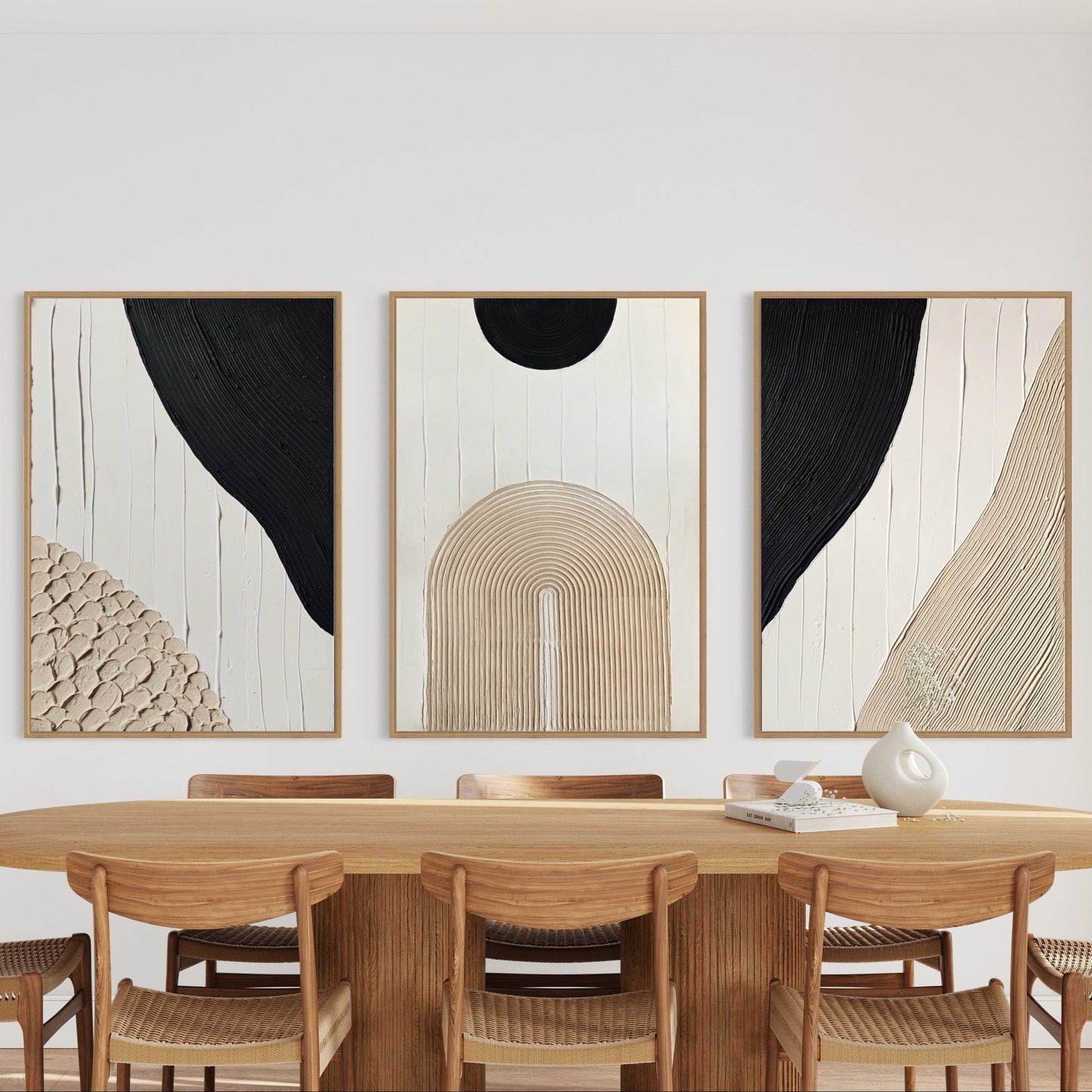 set of three in black, white, and beige – a striking collection of minimalist, modern textured art pieces that bring balance and elegance to any room.