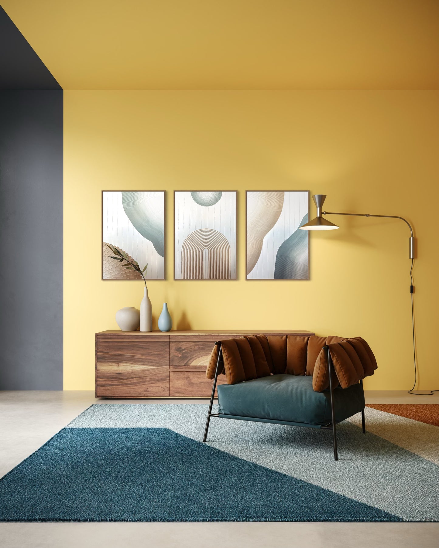 Modern living room with yellow walls, a brown sofa, and abstract art.