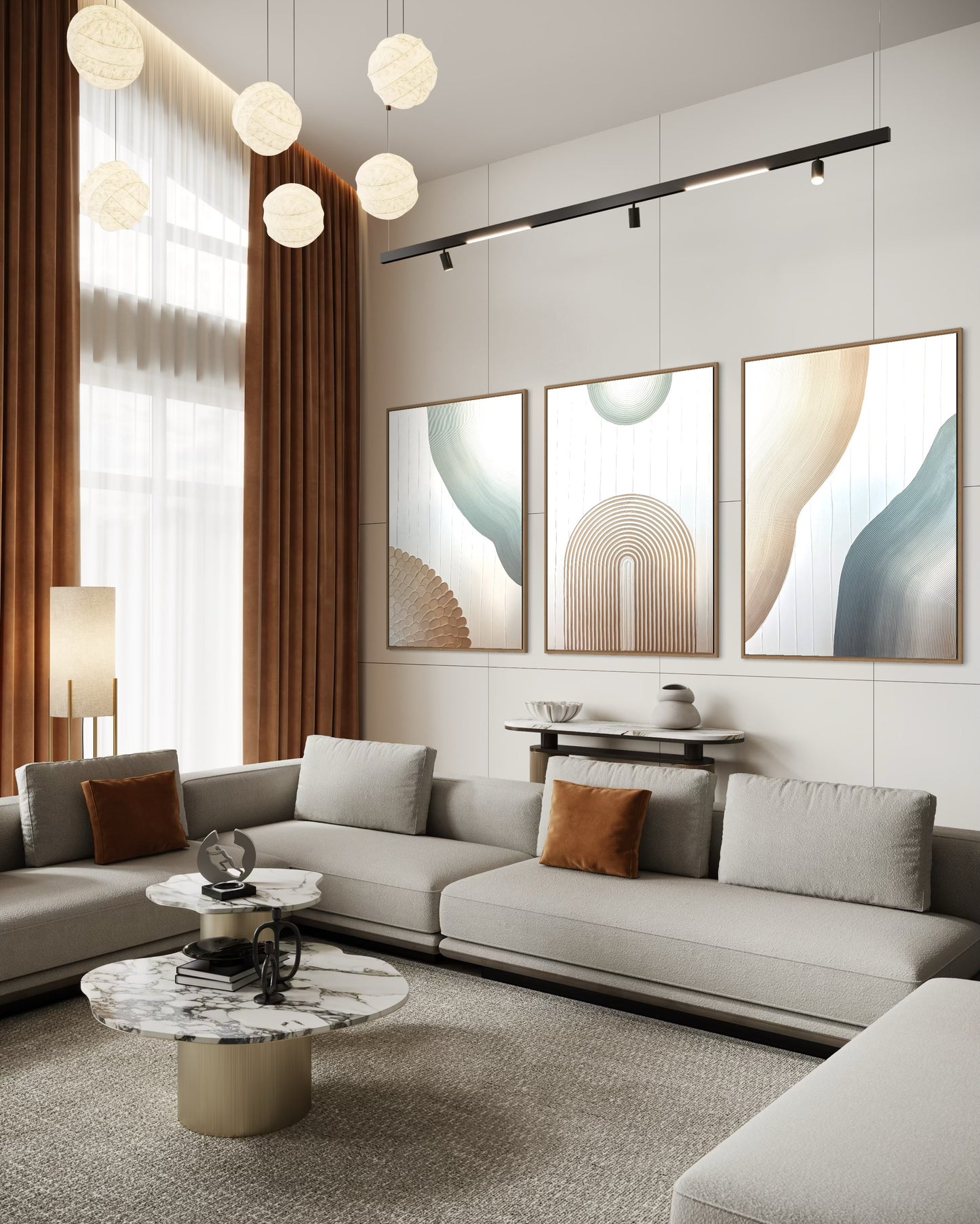 Modern living room with a gray sofa, abstract wall art, and decorative items.