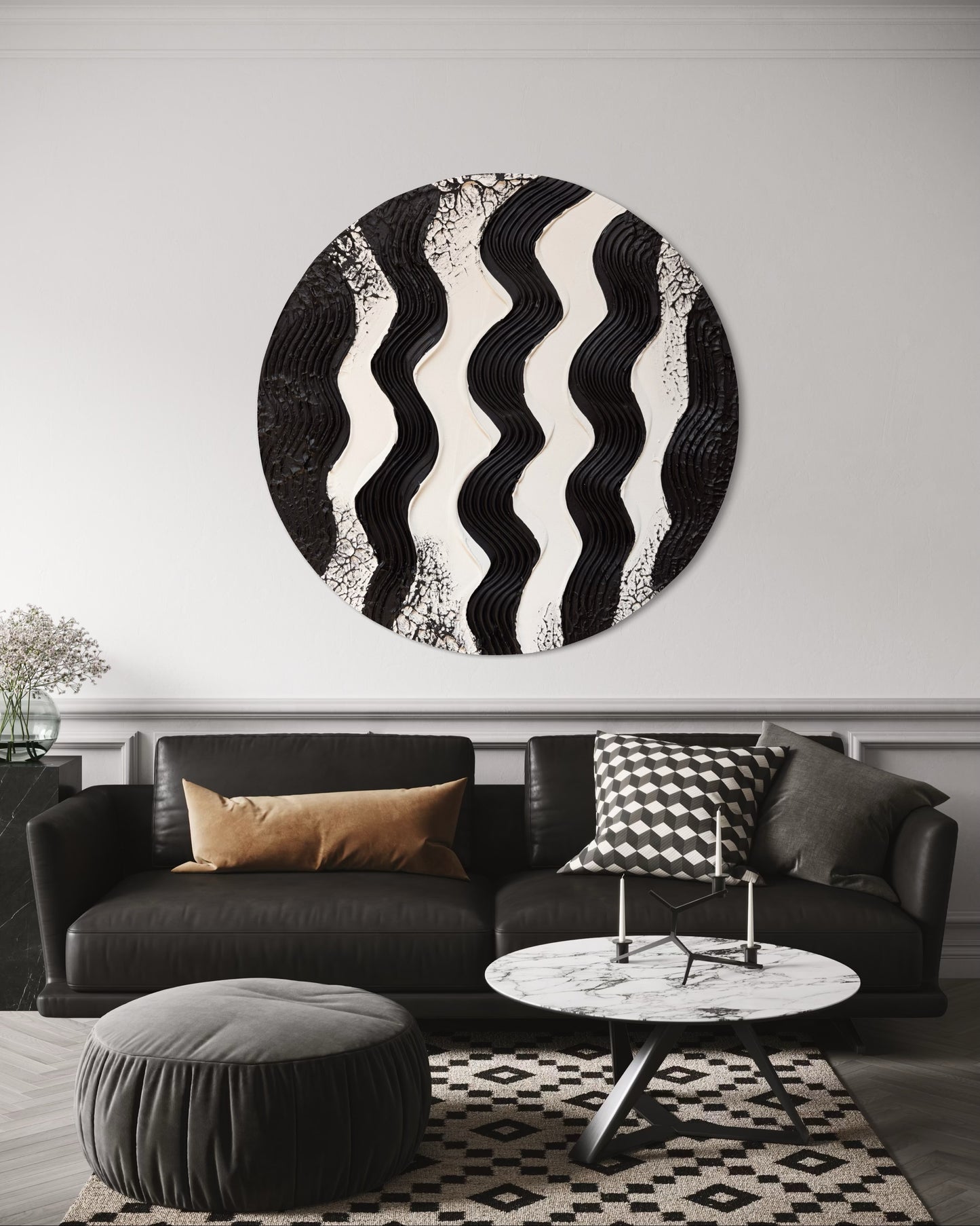 Modern living room with a black and white abstract wall art piece.
