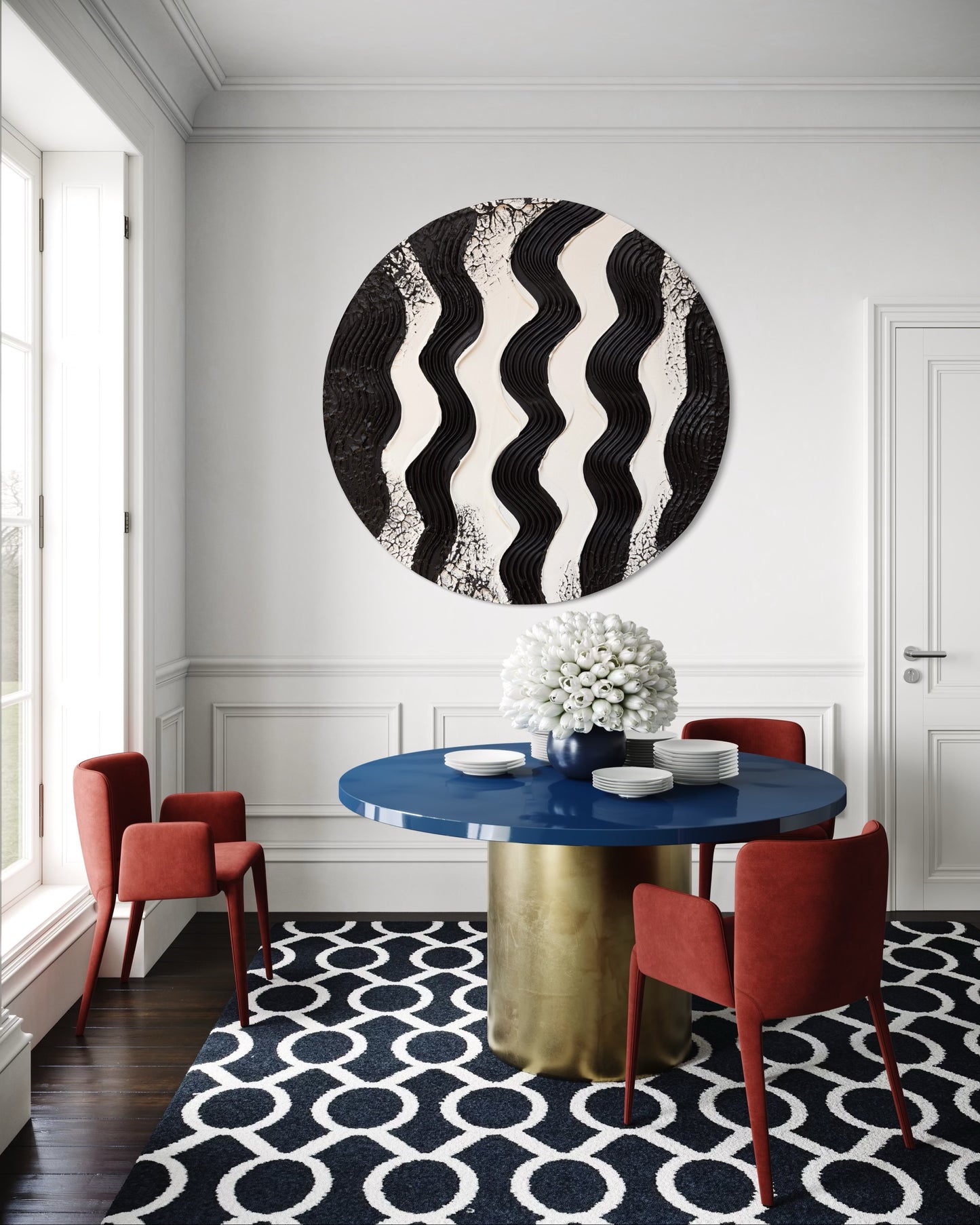 Dining room with a blue table, red chairs, and a decorative wall piece.