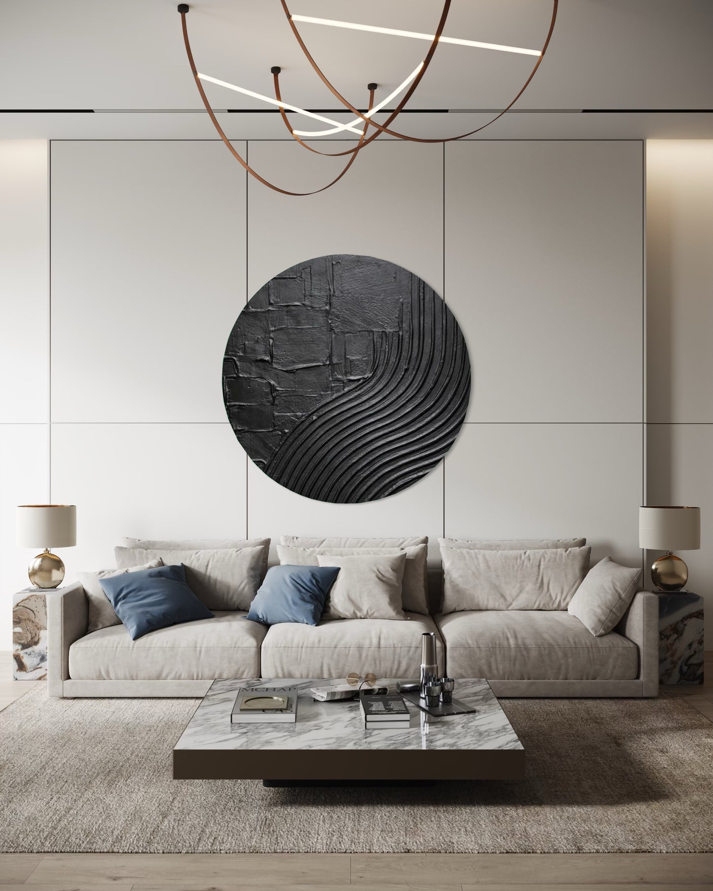 Modern living room with a gray sofa, marble coffee table, and abstract wall art.