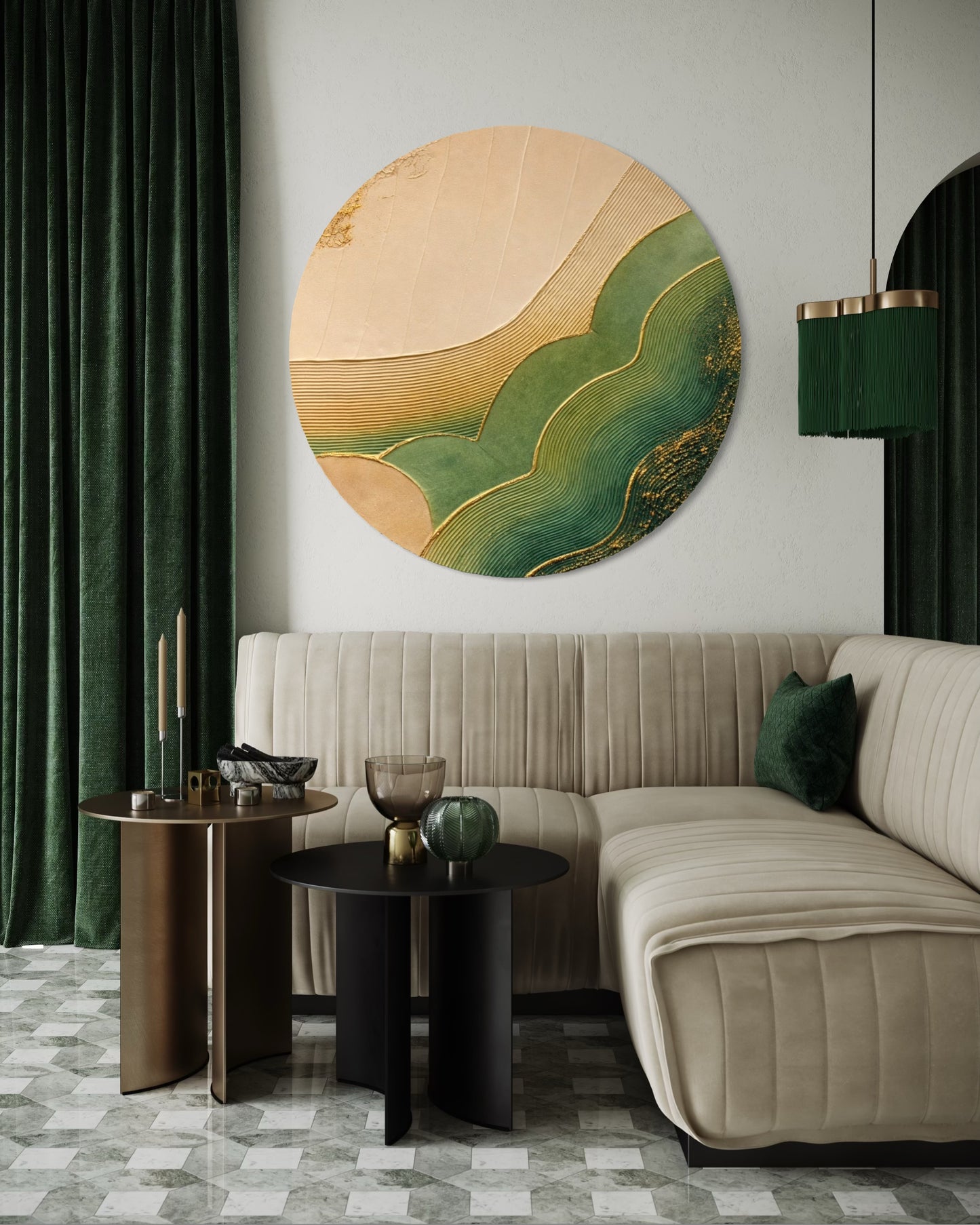 Modern living room with a beige sectional sofa, round wall art, and side tables.