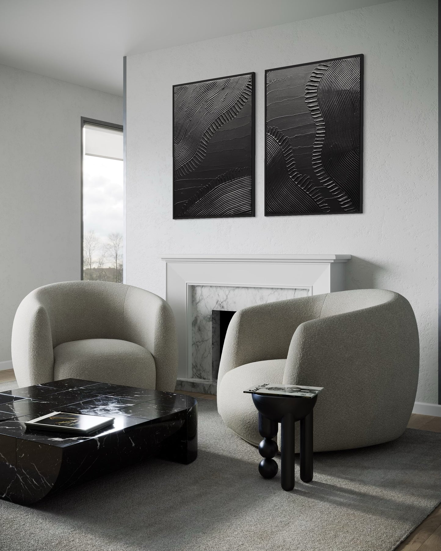 Modern living room with two beige armchairs, a black marble coffee table, and abstract wall art.