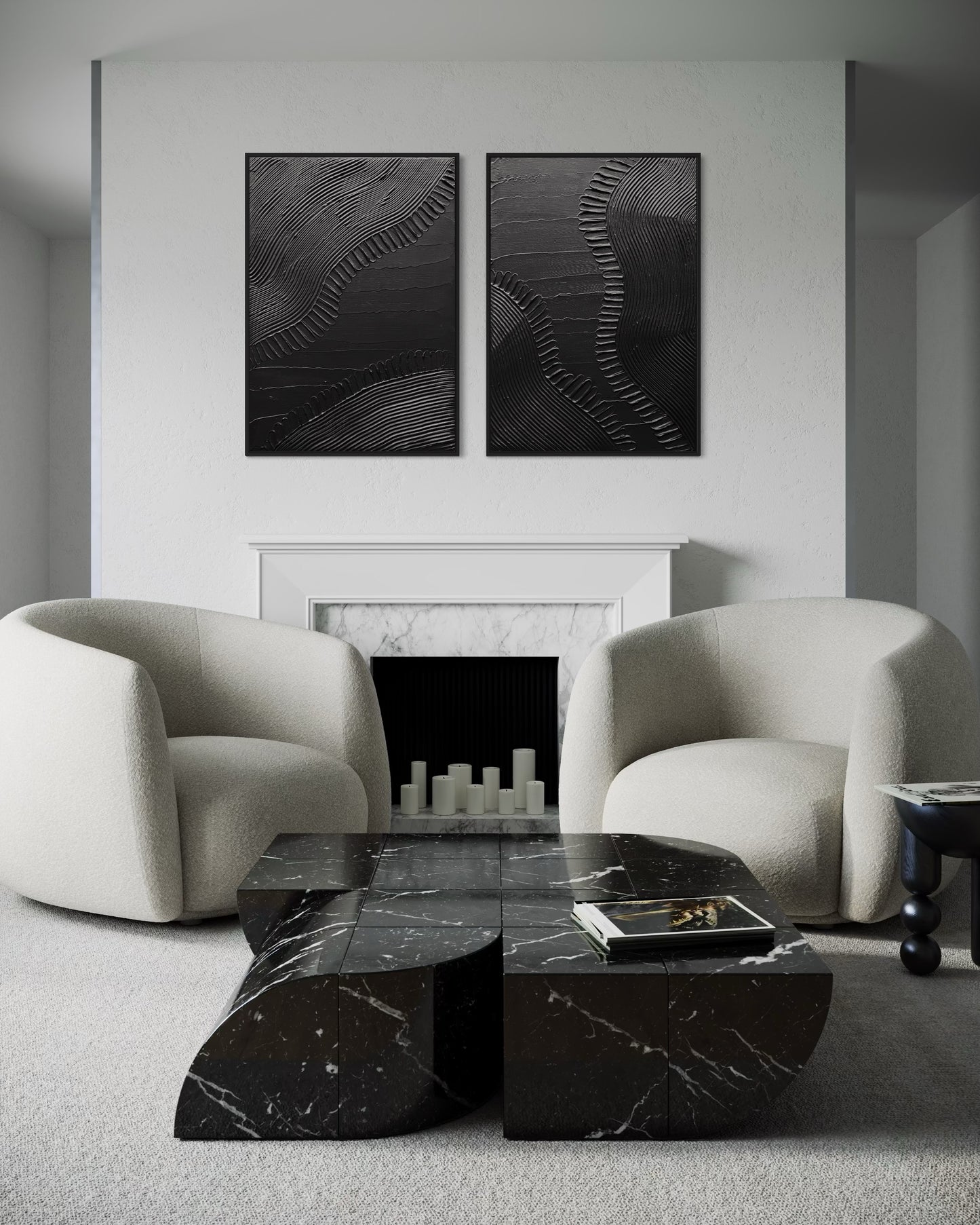 Modern living room with marble coffee table, white chairs, and set of 2 abstract wall art textured minimalist artwork
