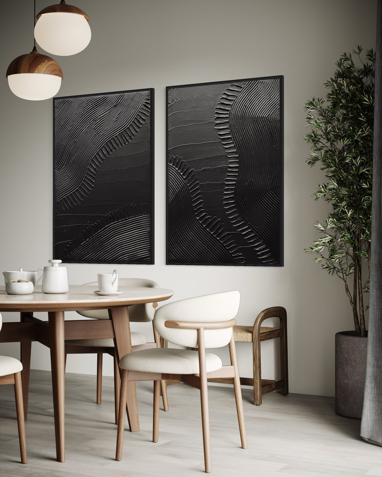 Dining room with wooden table and chairs, abstract black artwork on the wall, and a potted plant.