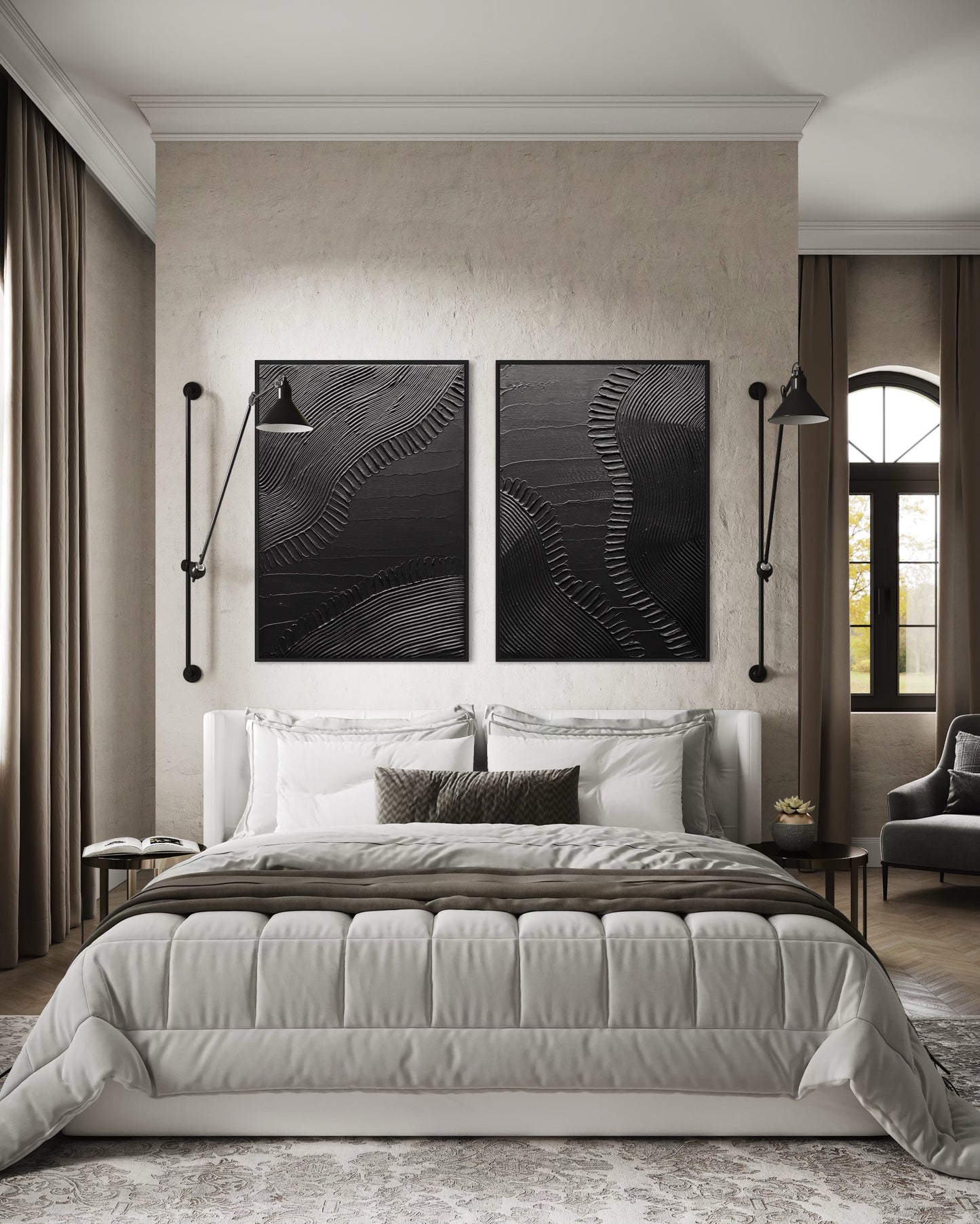 Modern bedroom with a bed, wall art, and side lamps.